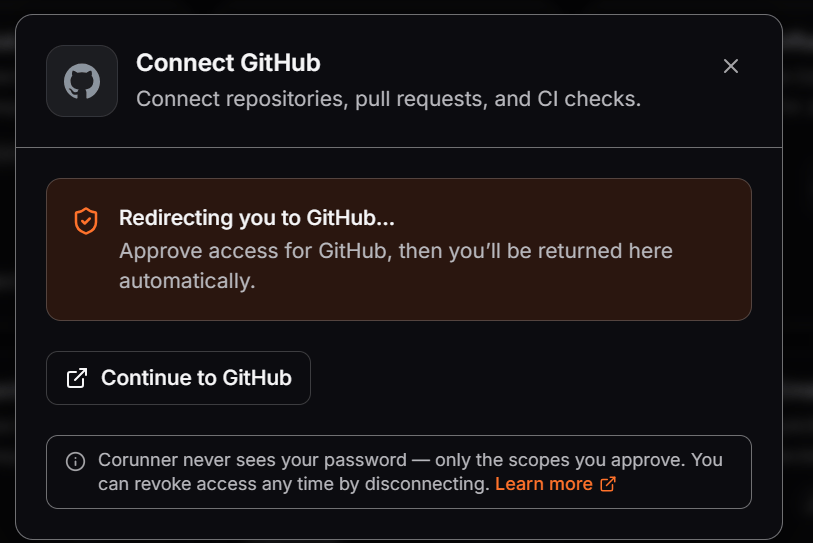 Corunner Integrations page showing the GitHub card under the Direct Connections tab