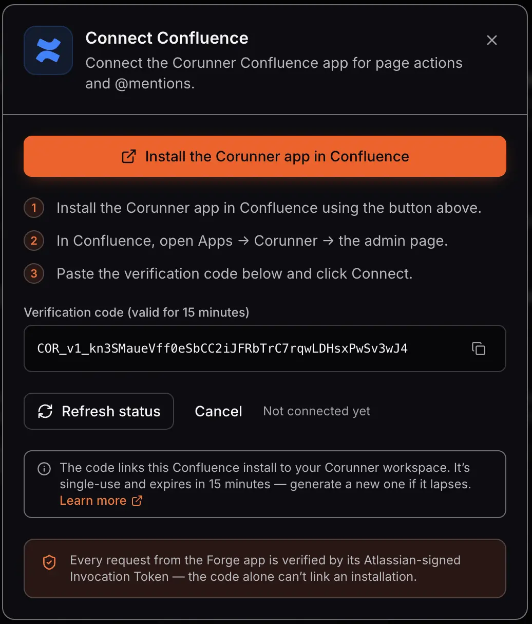 Connect Confluence dialog showing the Confluence installation steps and verification code
