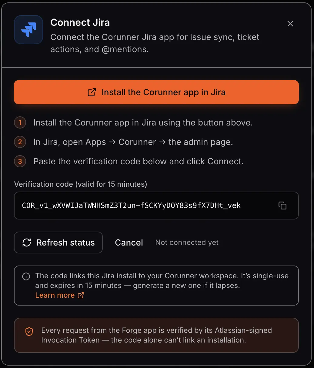 Connect Jira dialog showing the Jira installation steps and verification code