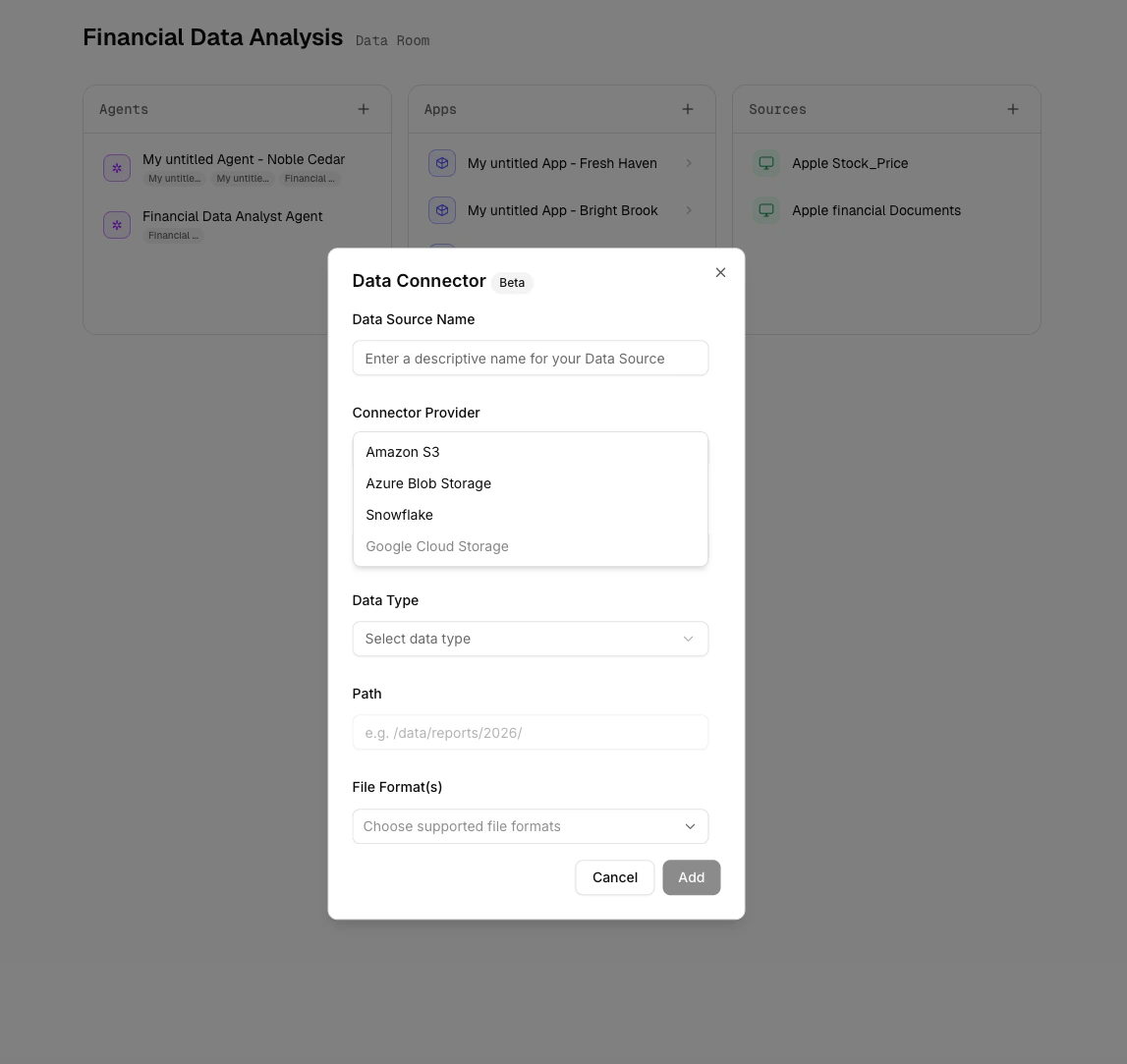 Data Connector dialog showing provider options and configuration fields