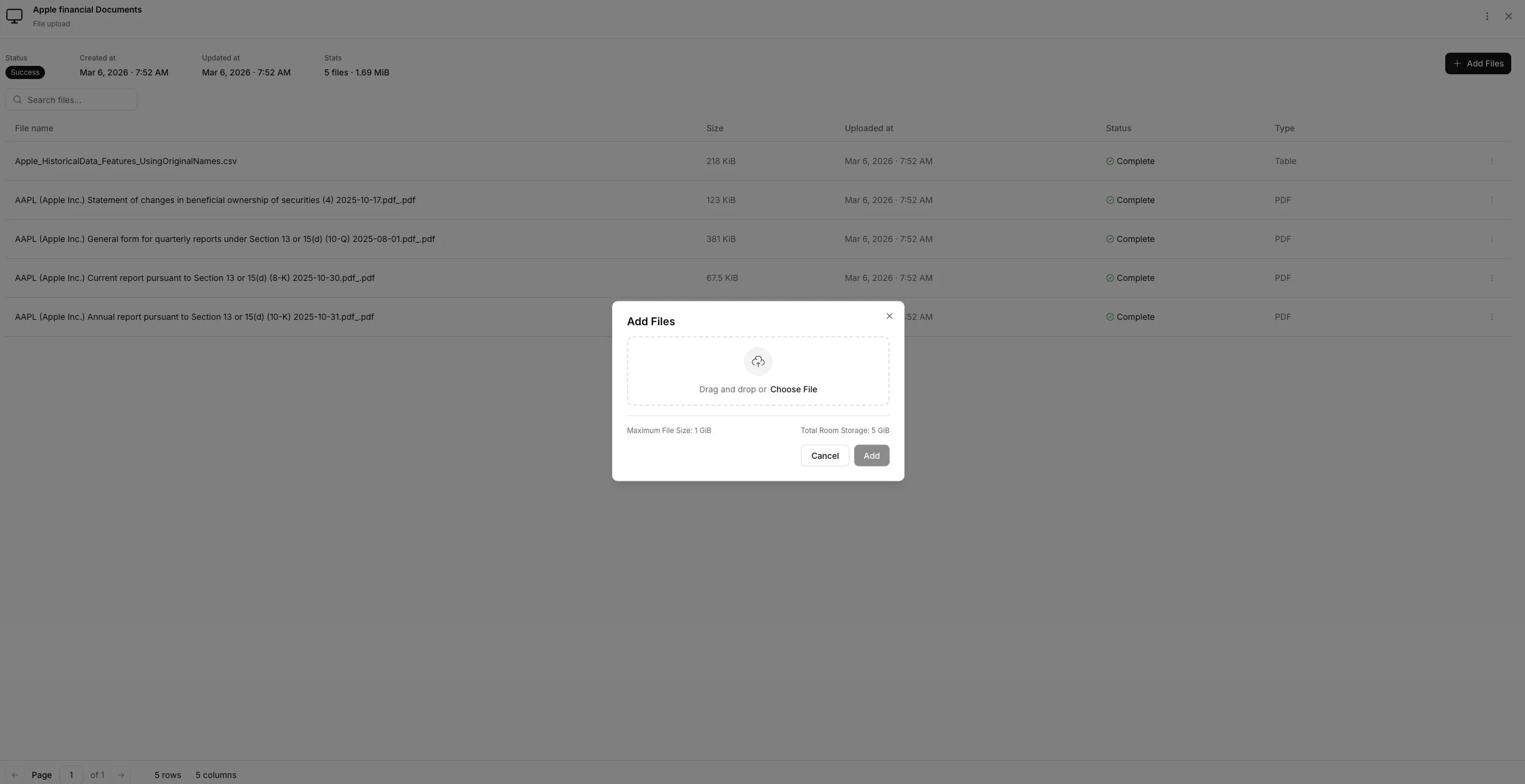 Incremental file upload interface showing existing files and Add Files dialog