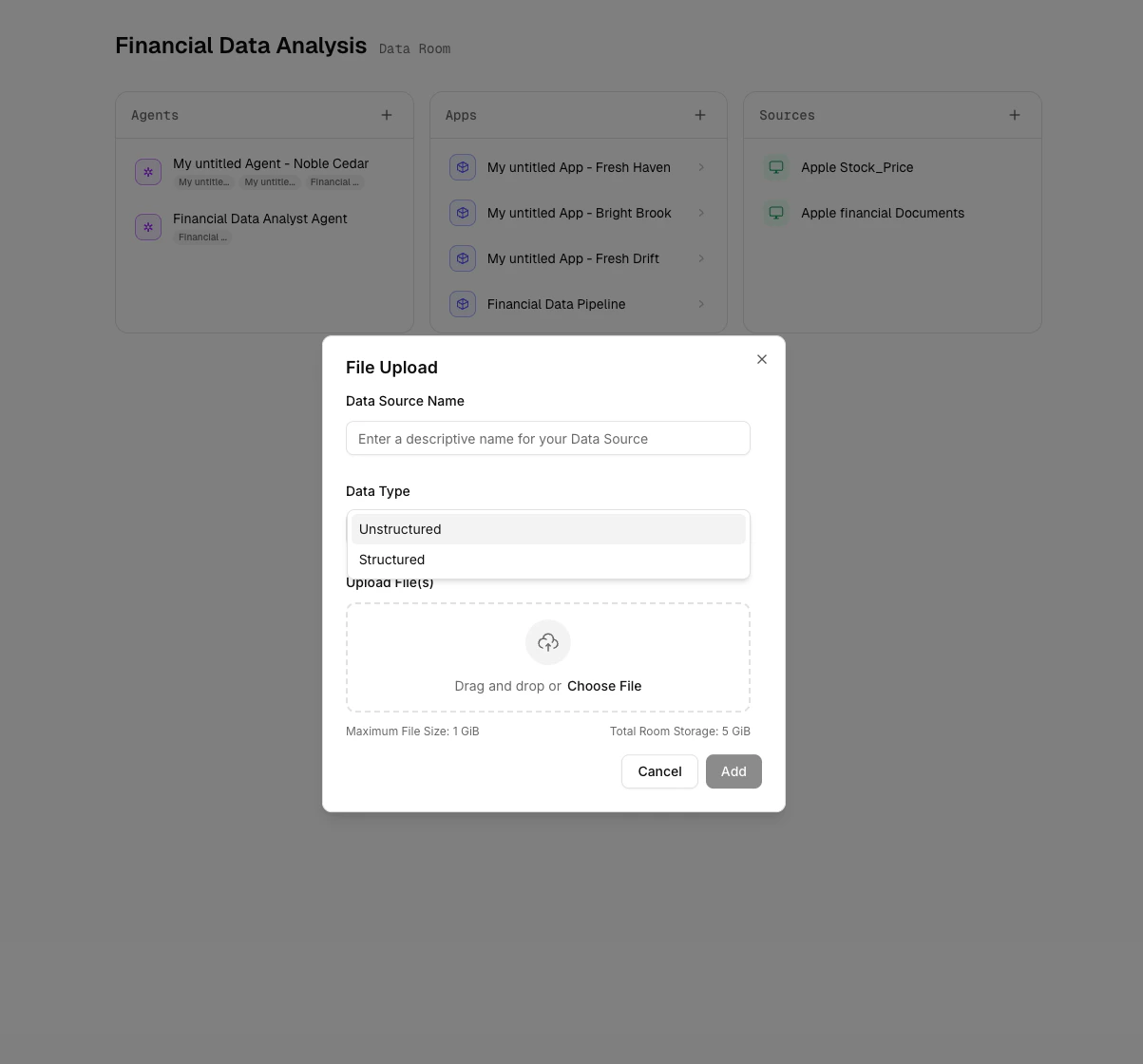 File Upload dialog with data type selection and drag-and-drop area