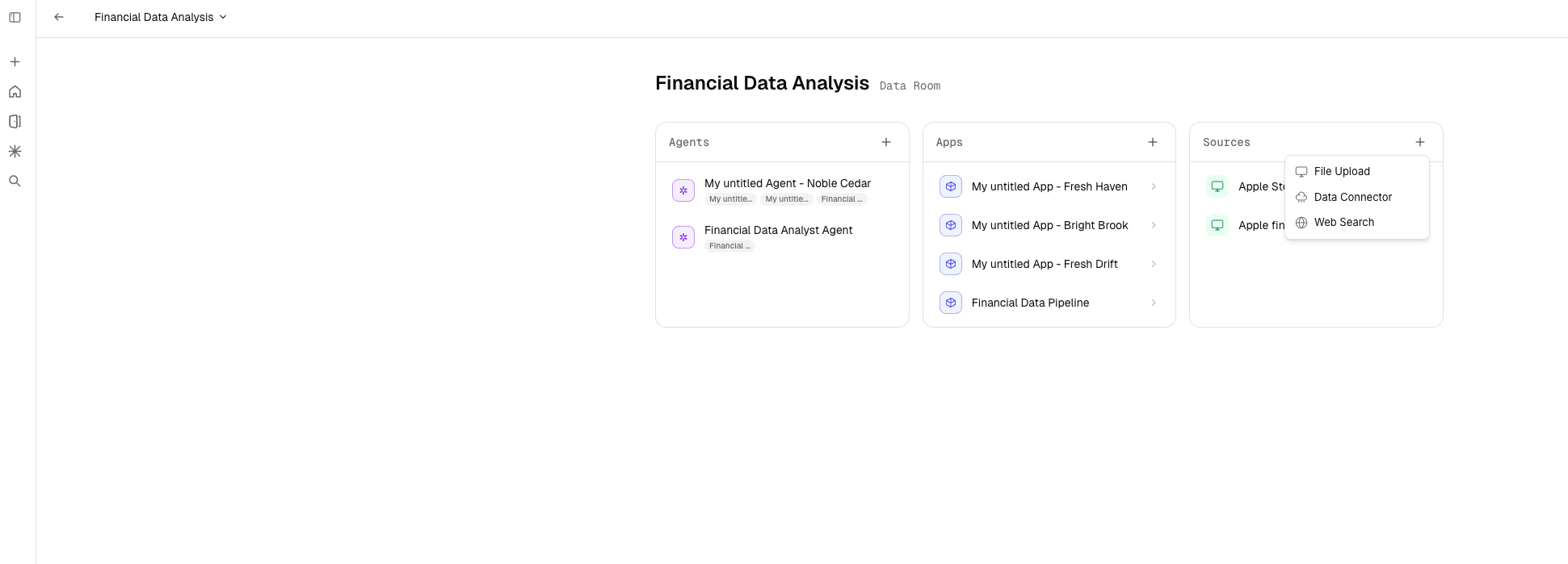 Data room showing source creation options: File Upload, Data Connector, and Web Search