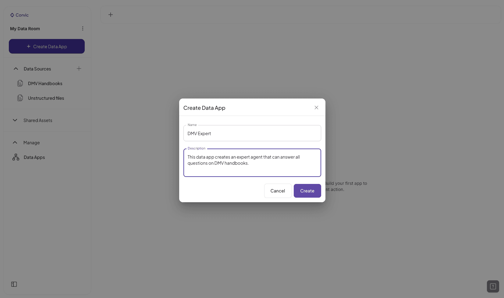 Create Data App dialog