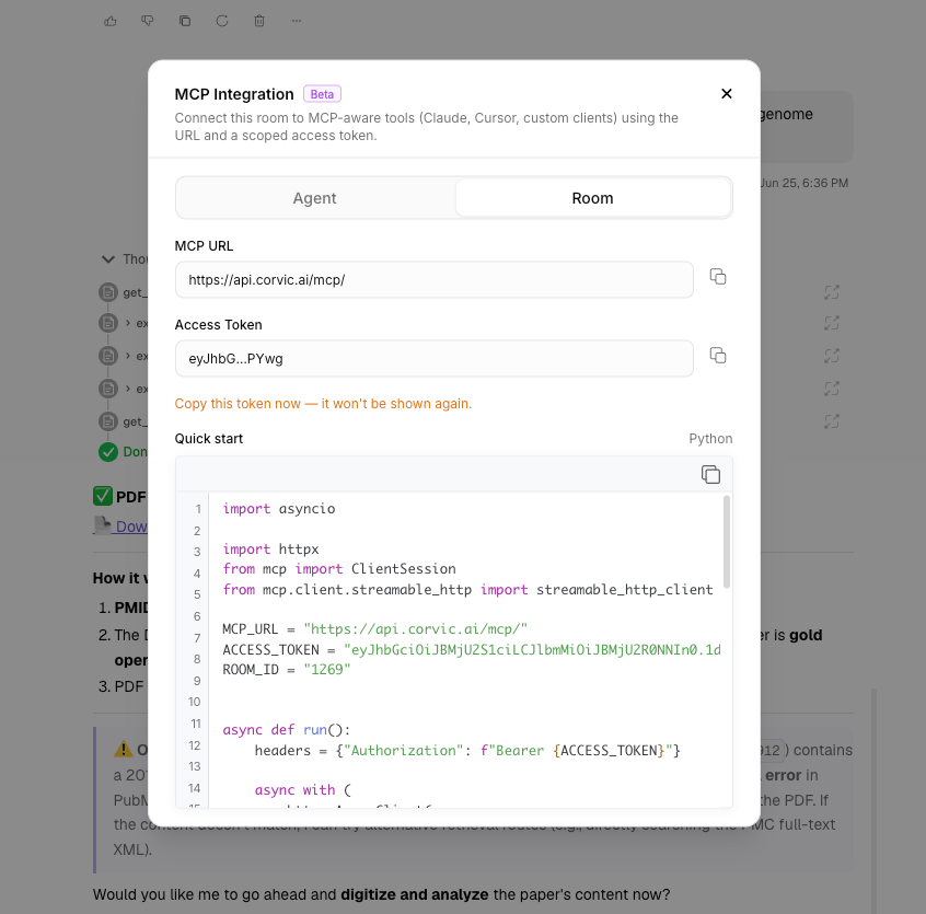 MCP Integration tab showing Python and Node.js code snippets with Copy MCP URL and Copy Access Token