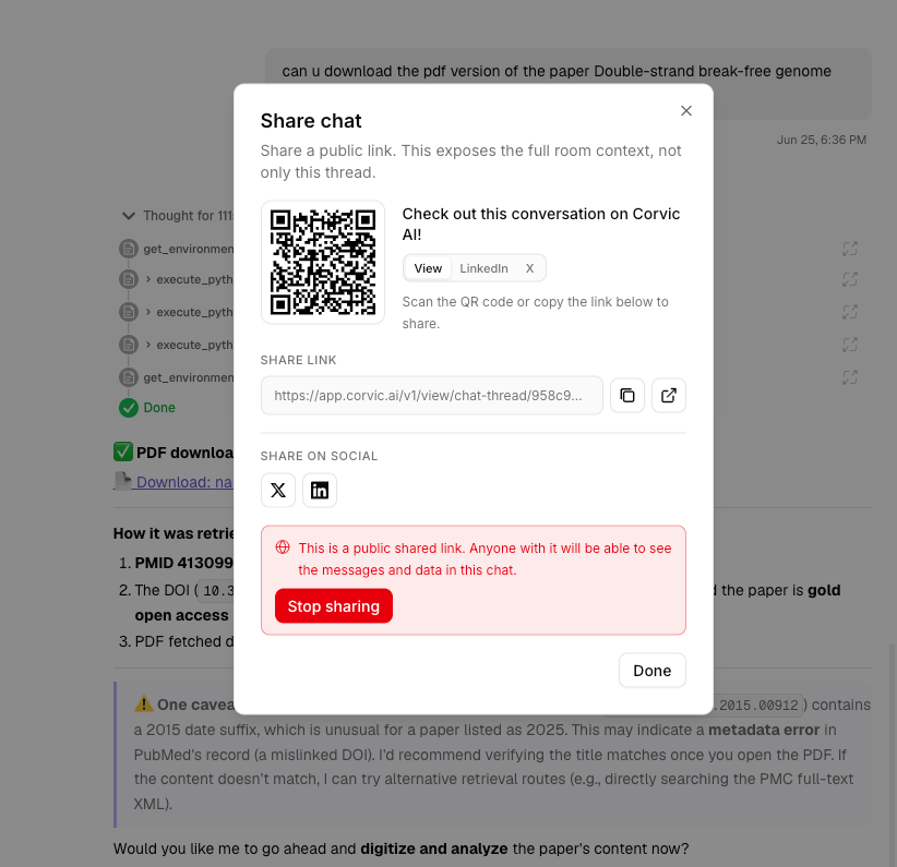 Integration and Sharing dialog with email invite, share link, and password protection