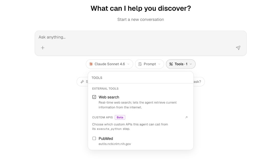 Chat input with model selector, prompt, and tools menu showing web search and custom APIs
