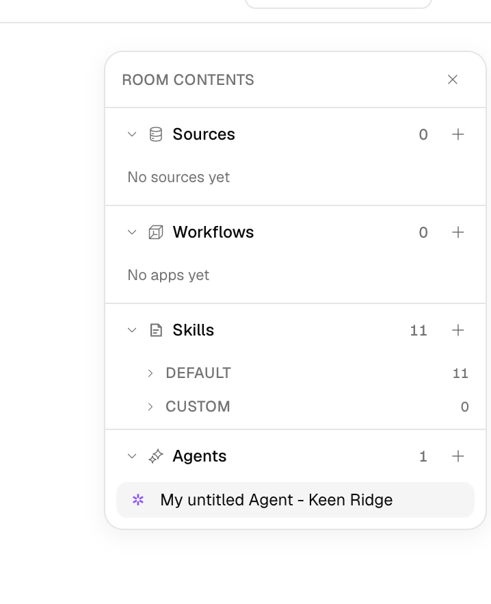 Room contents panel showing Sources, Workflows, Skills, and Agents