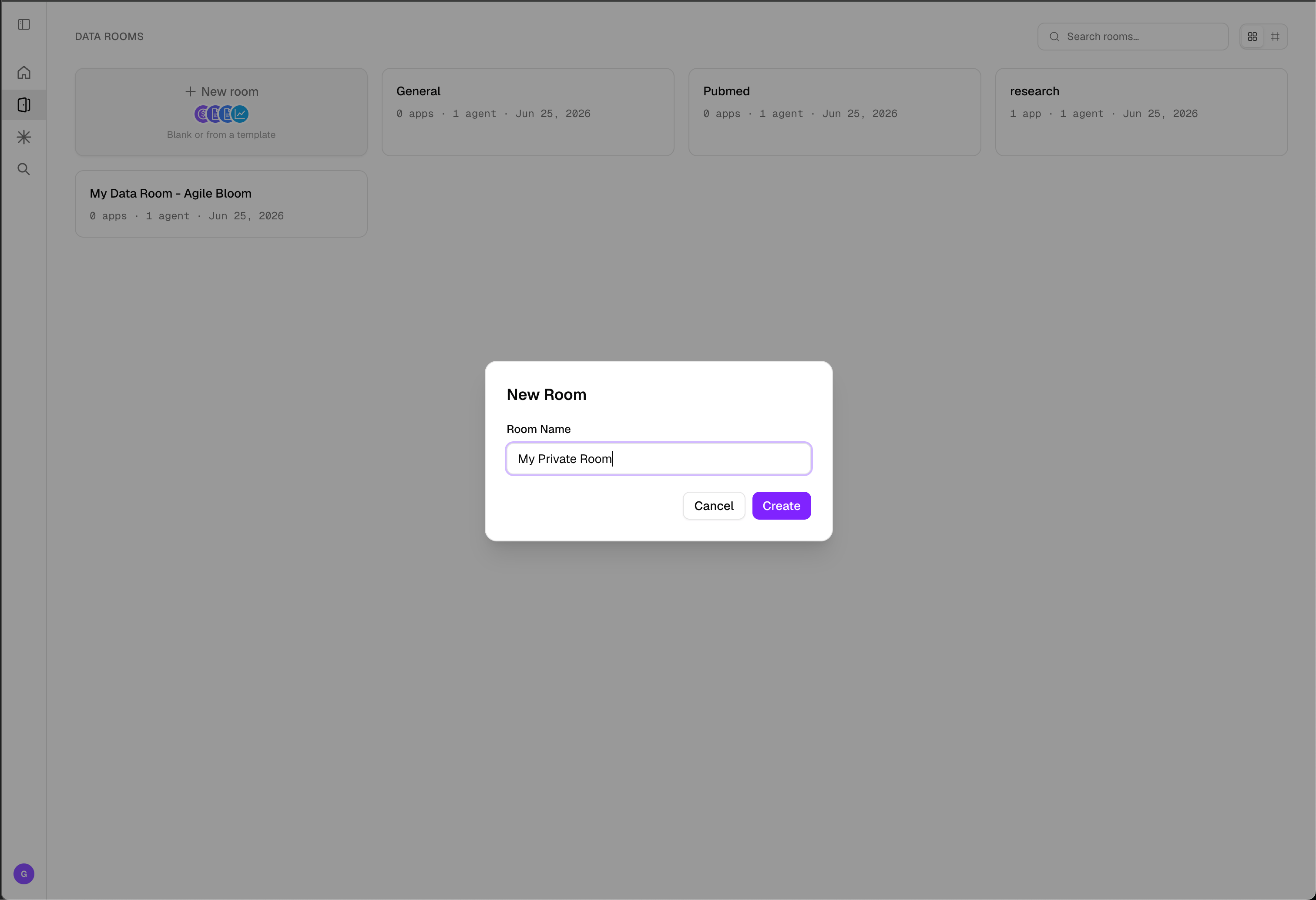 Data Rooms page with the New Room dialog open