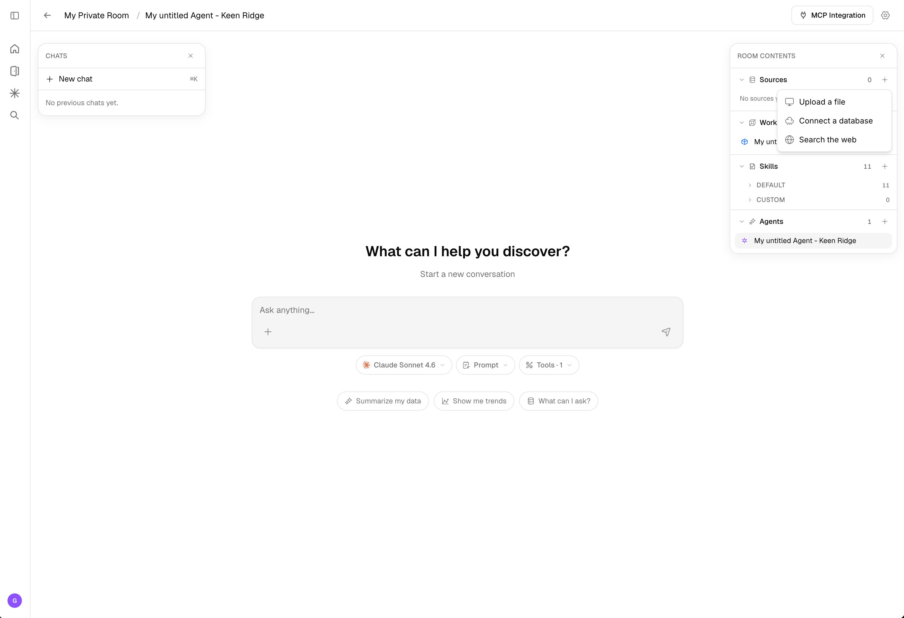 Data room showing source creation options: File Upload, Data Connector, and Web Search