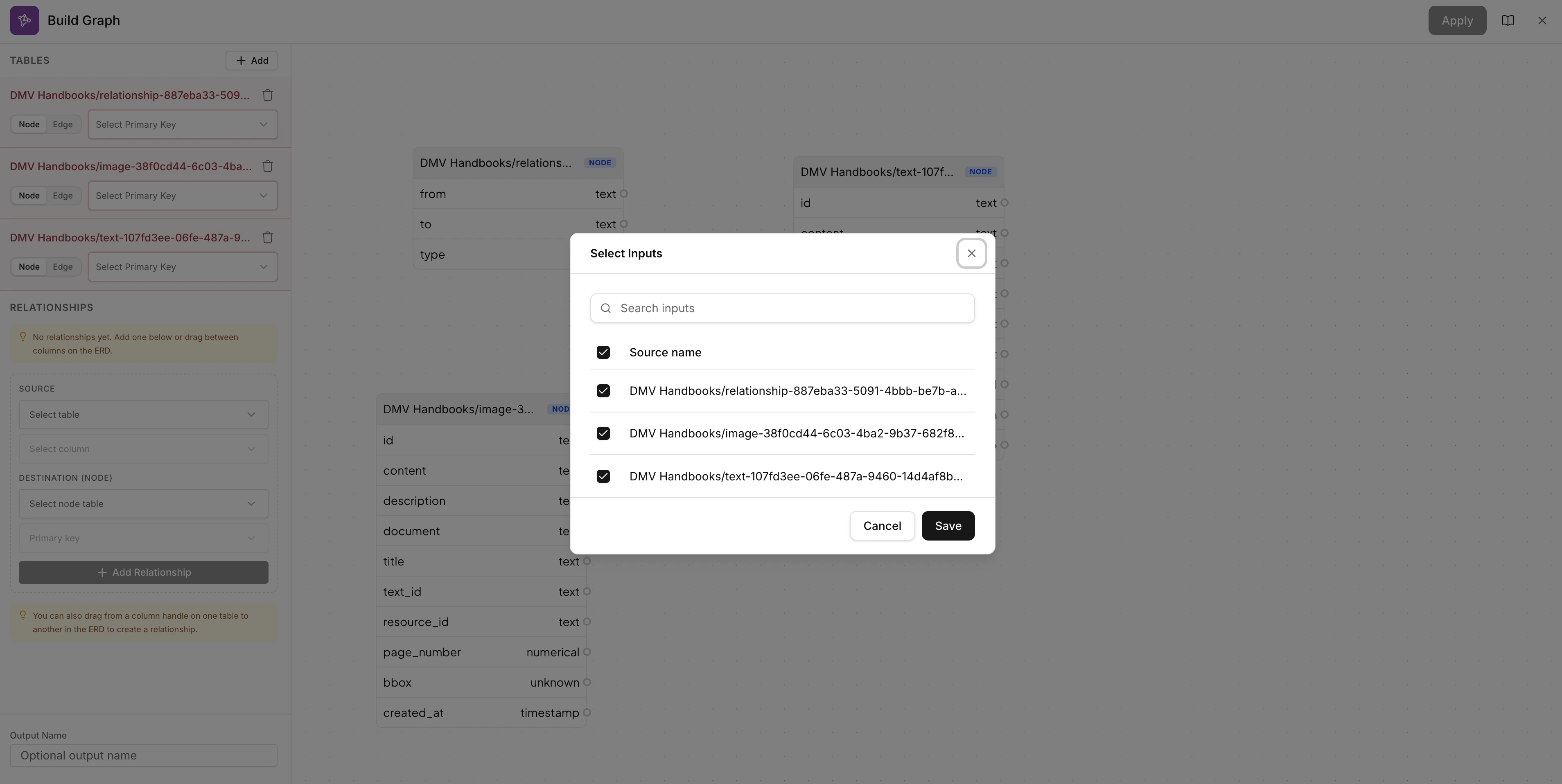 Select Inputs dialog for choosing Corvic Tables to build a graph from