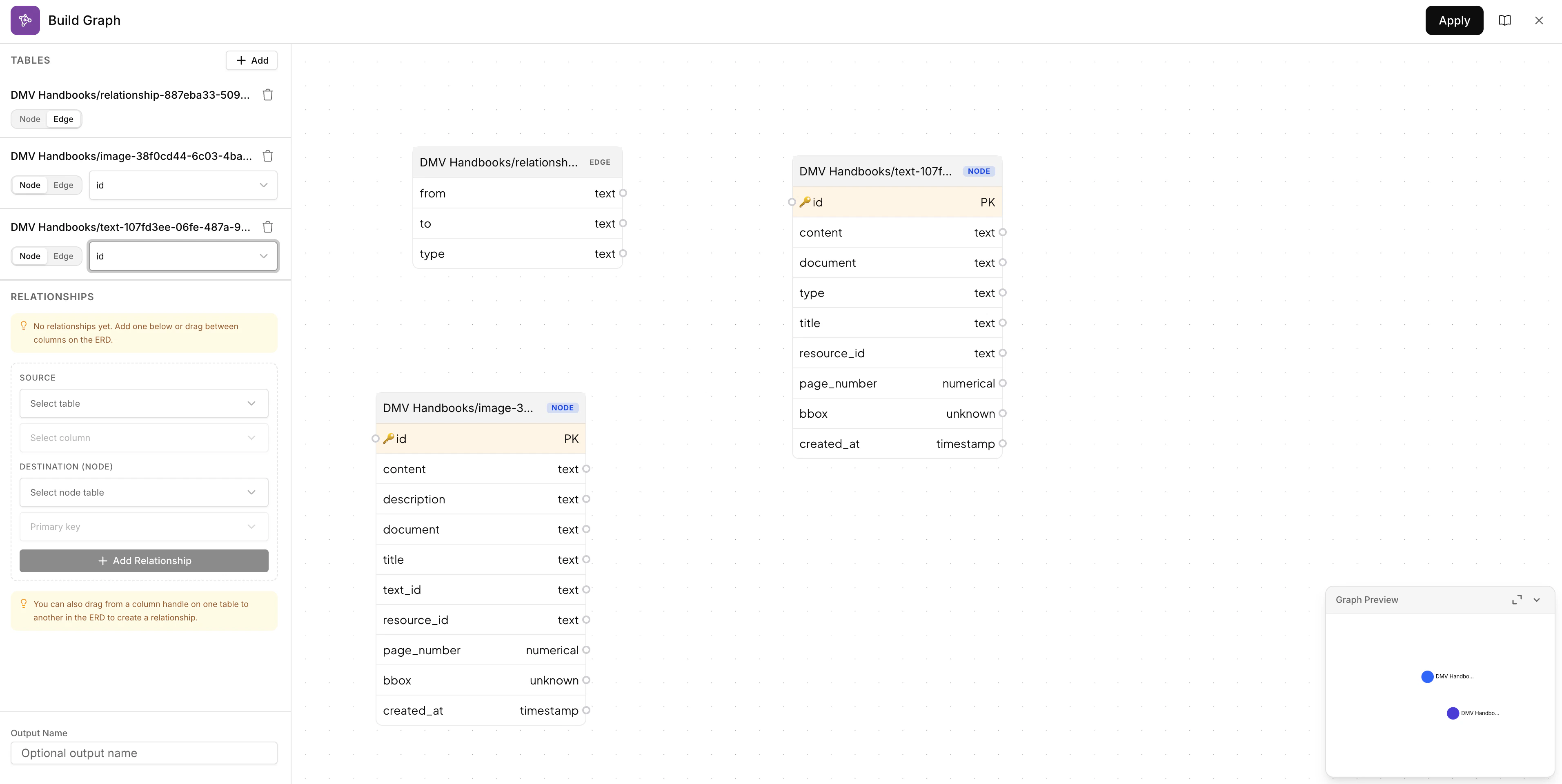 Build Graph interface showing node/edge configuration, schema view, and graph preview