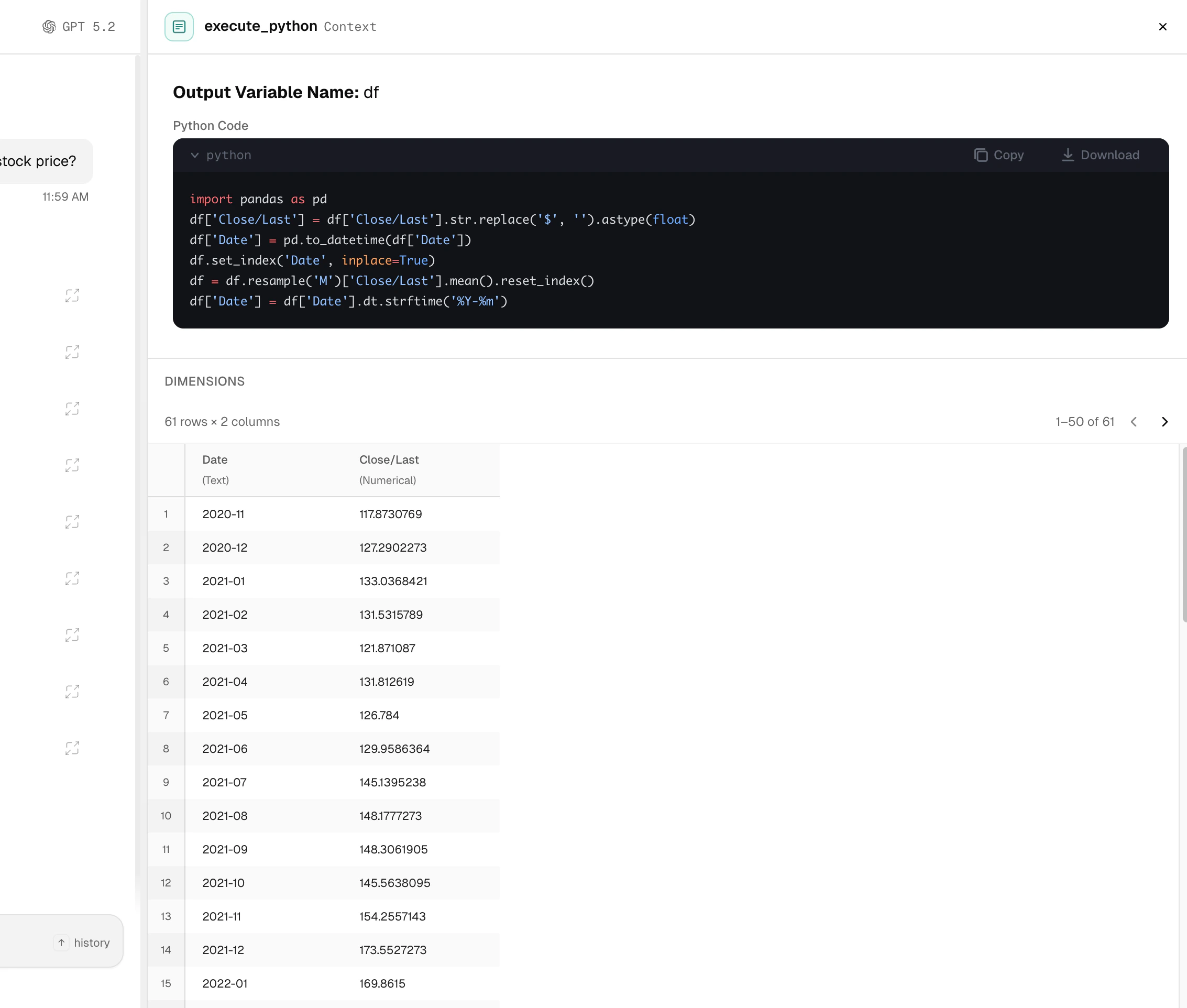 Action output detail showing Python code execution and resulting data table
