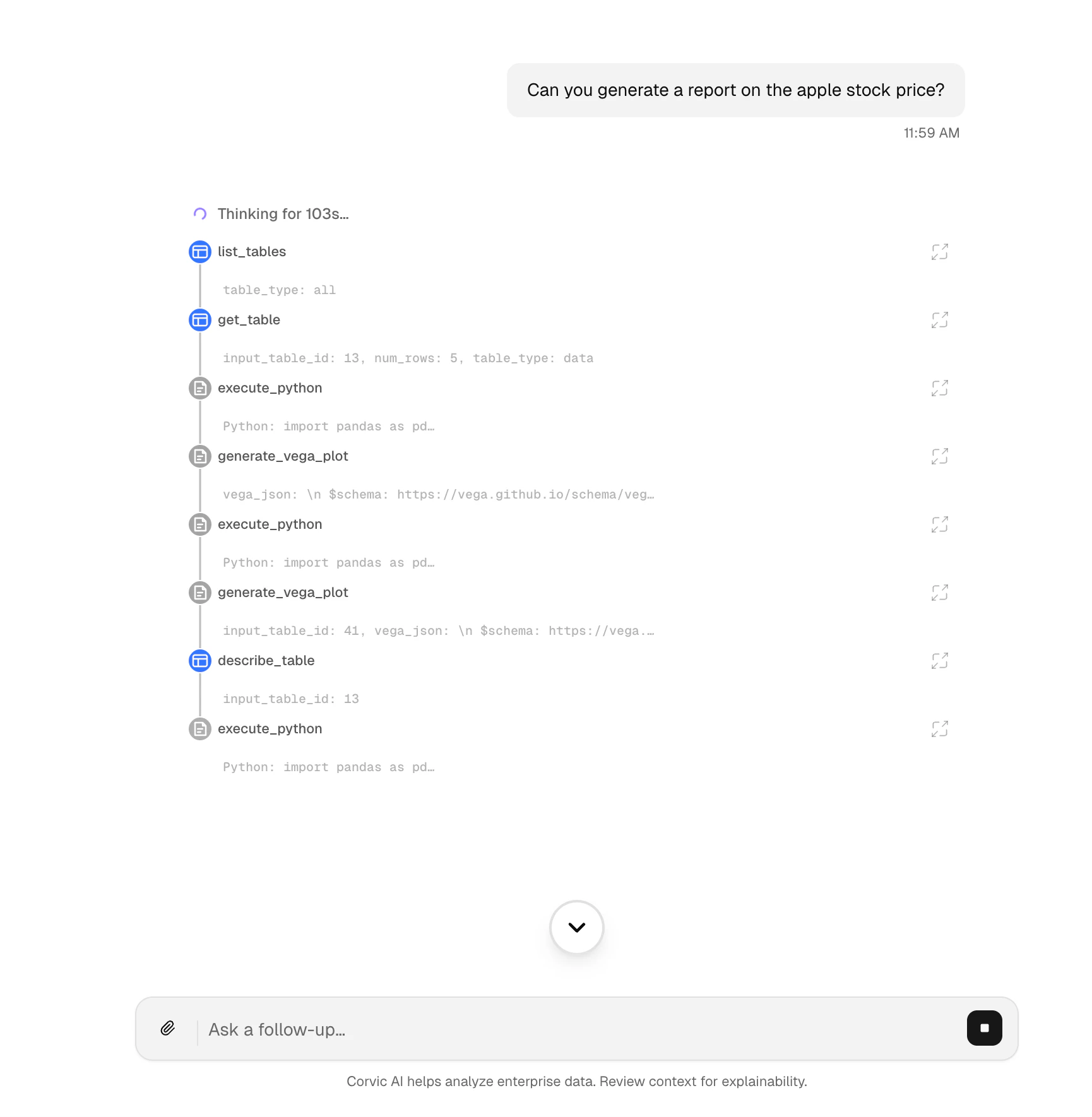 Agent thought process showing chain of actions including list_tables, get_table, execute_python, and generate_vega_plot