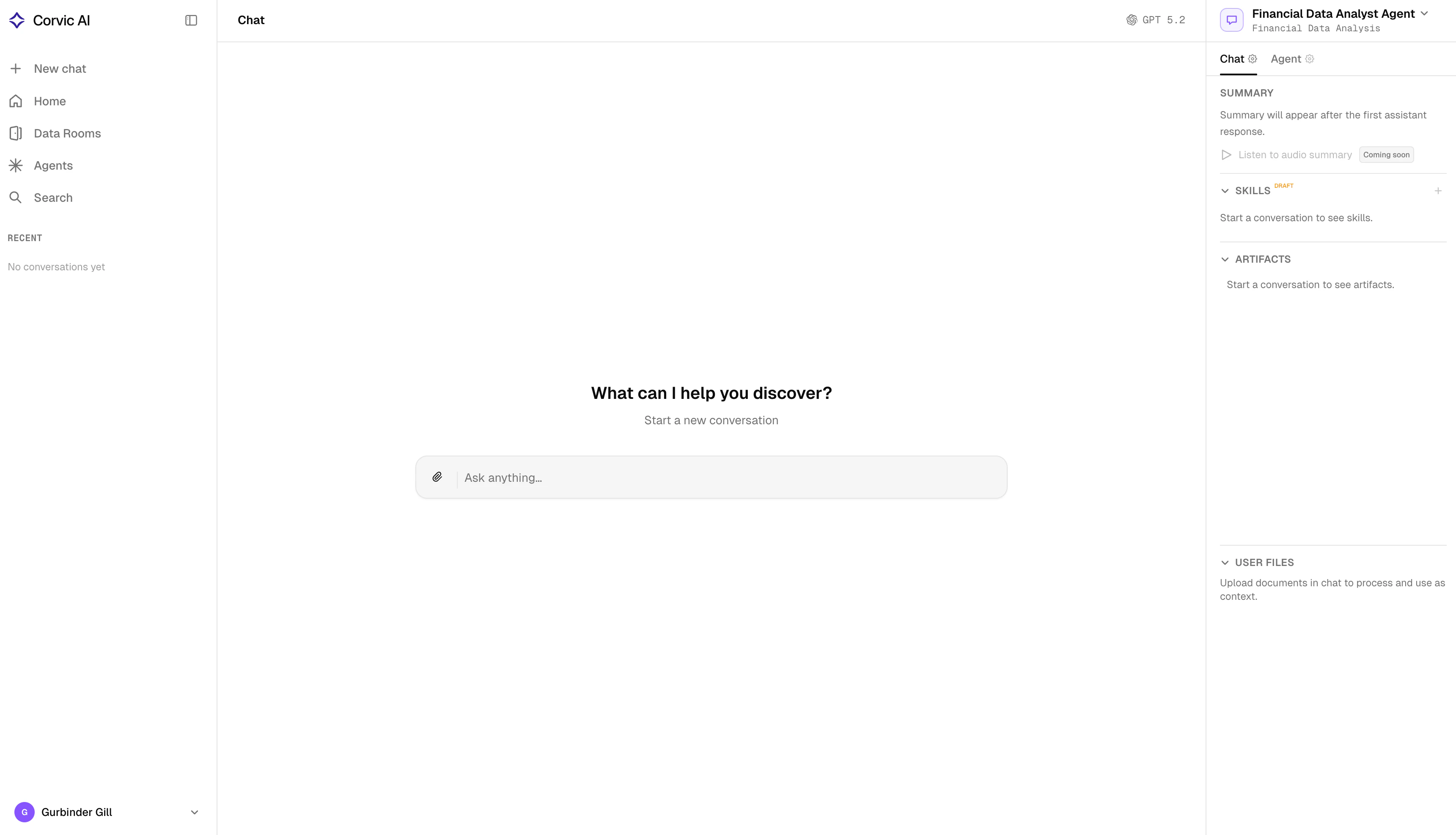 Corvic Agent chat interface with summary, skills, artifacts, and user files