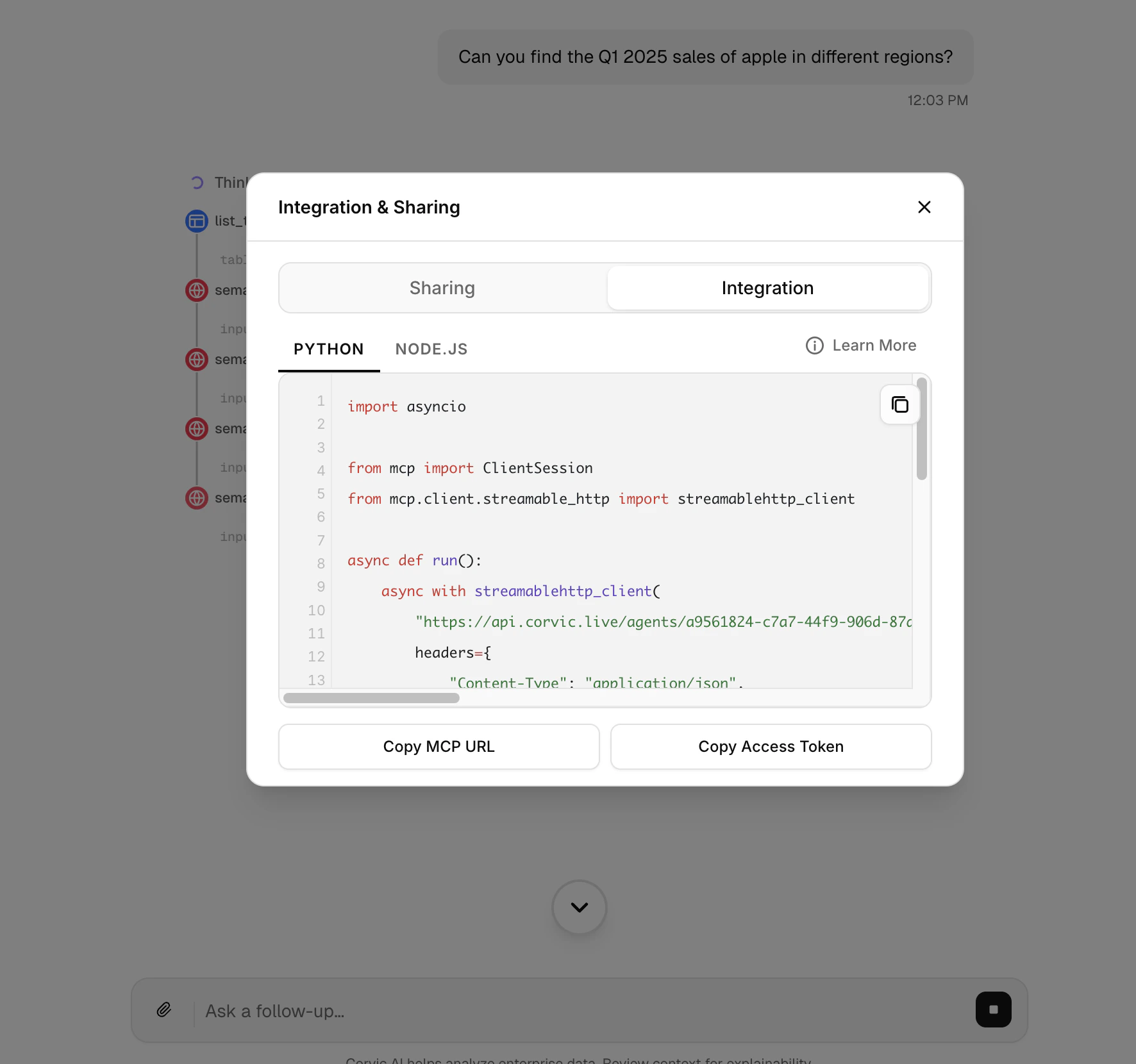 MCP Integration tab showing Python and Node.js code snippets with Copy MCP URL and Copy Access Token