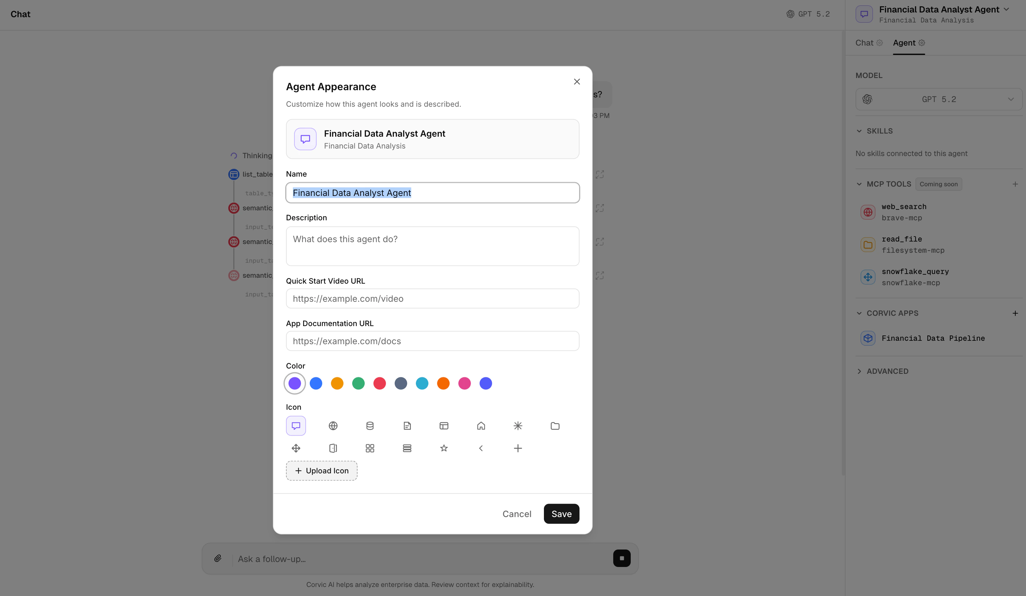 Agent Appearance dialog with name, description, color, and icon options
