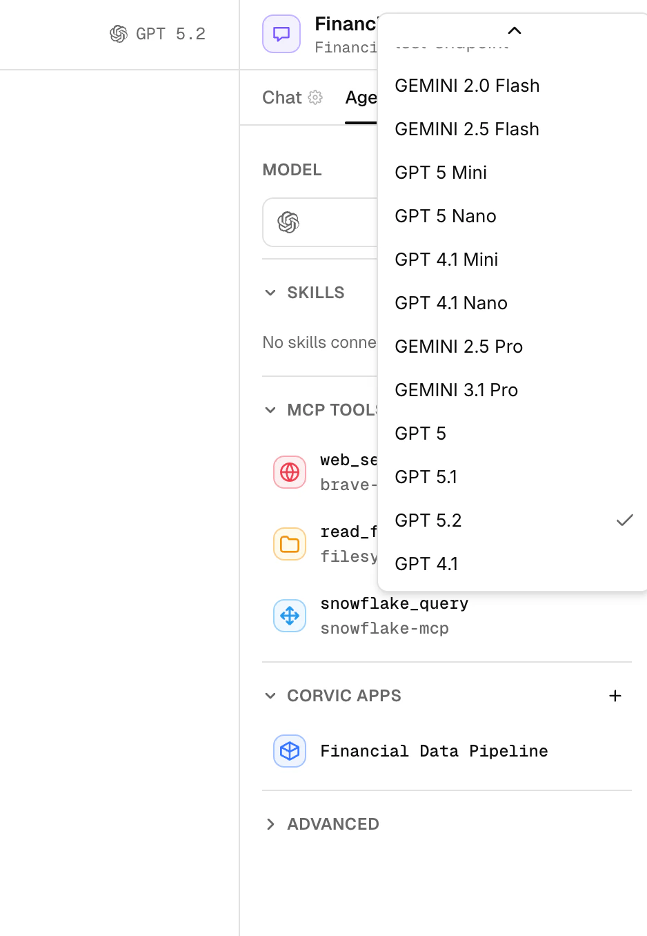 Agent model selection dropdown with MCP Tools and Corvic Apps