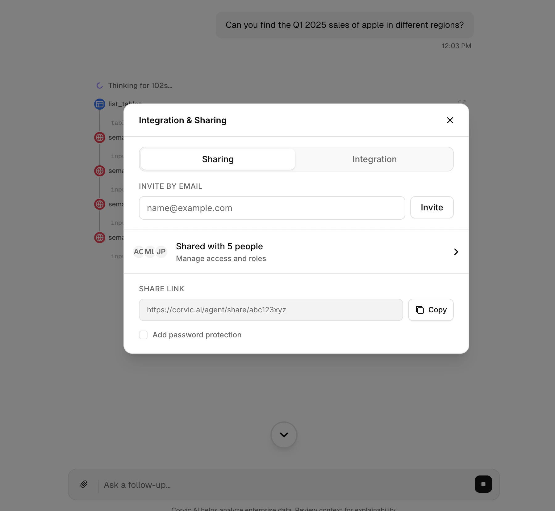 Integration and Sharing dialog with email invite, share link, and password protection
