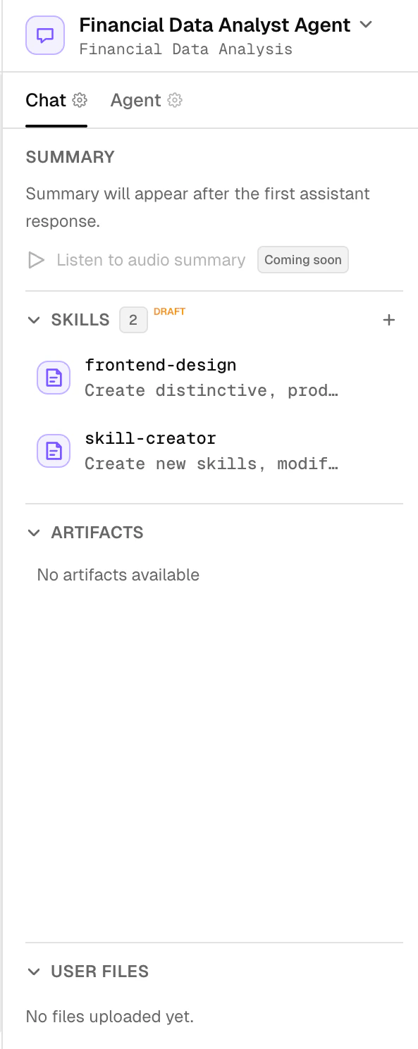 Agent sidebar showing skills, artifacts, and user files sections