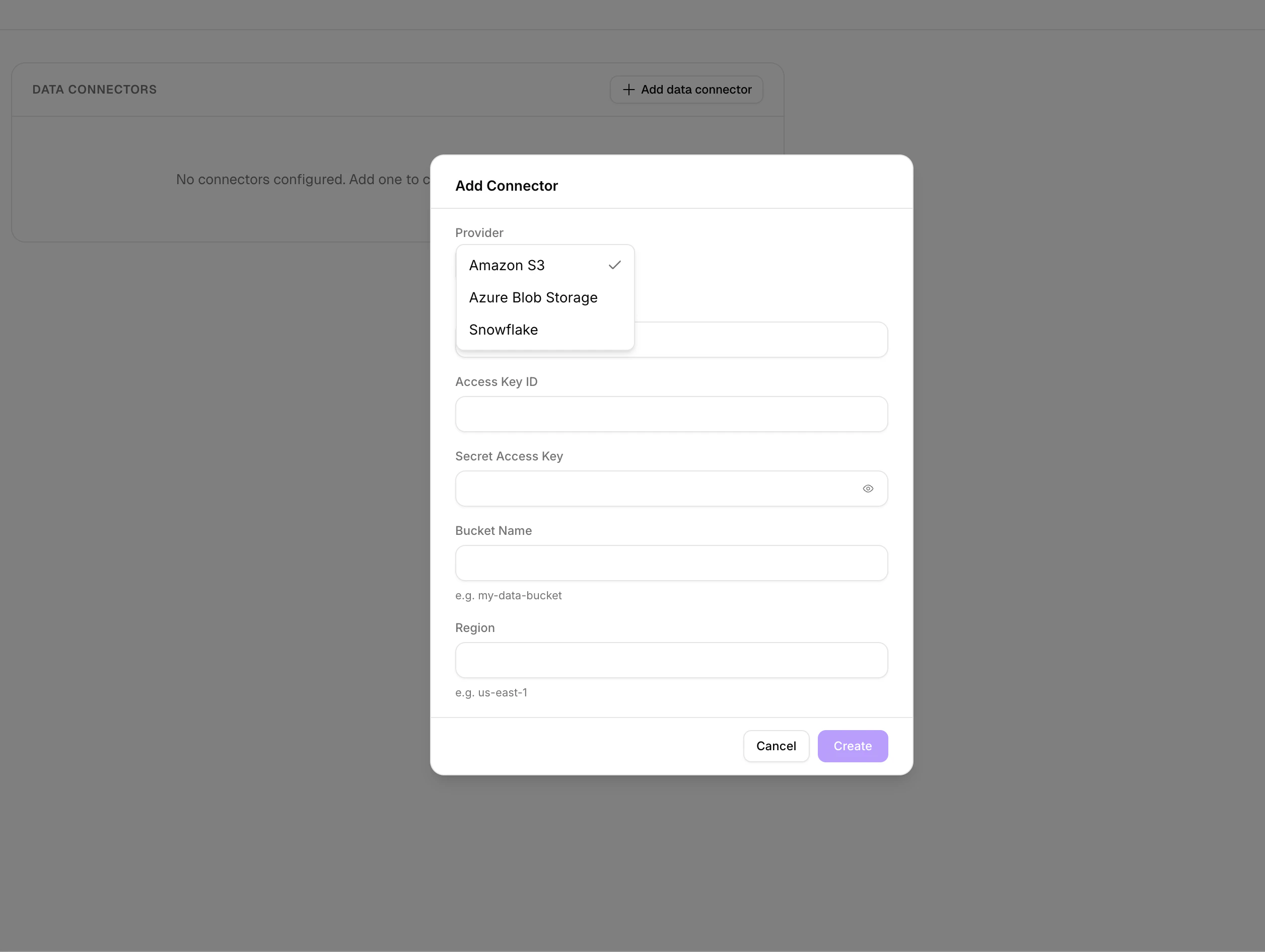 Add Connector dialog with provider selection and credential fields