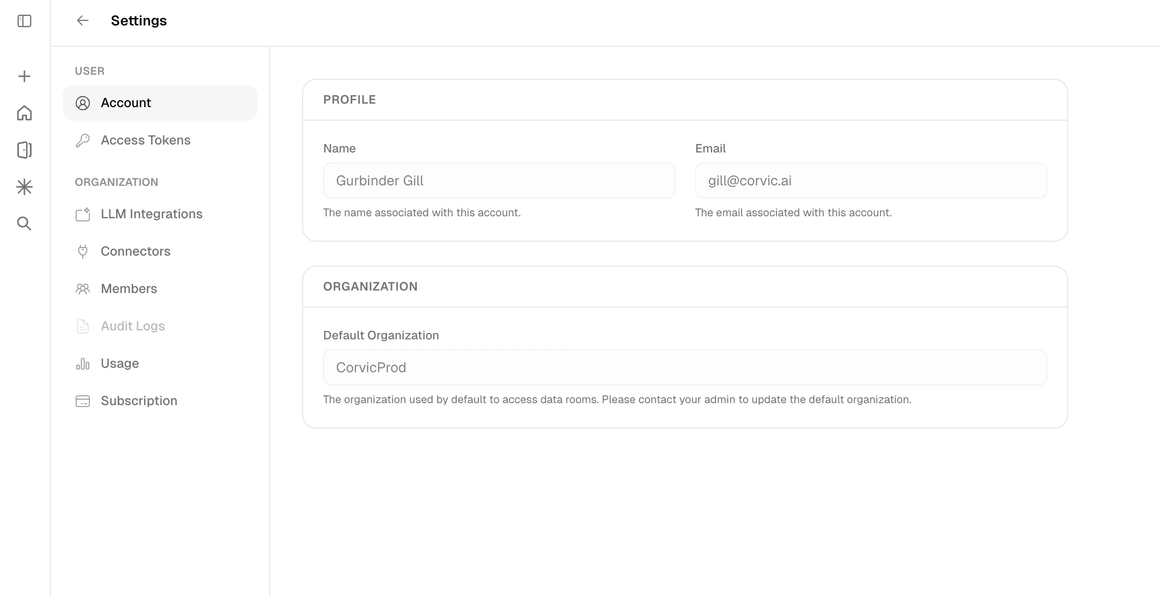 Settings page showing account profile and organization configuration