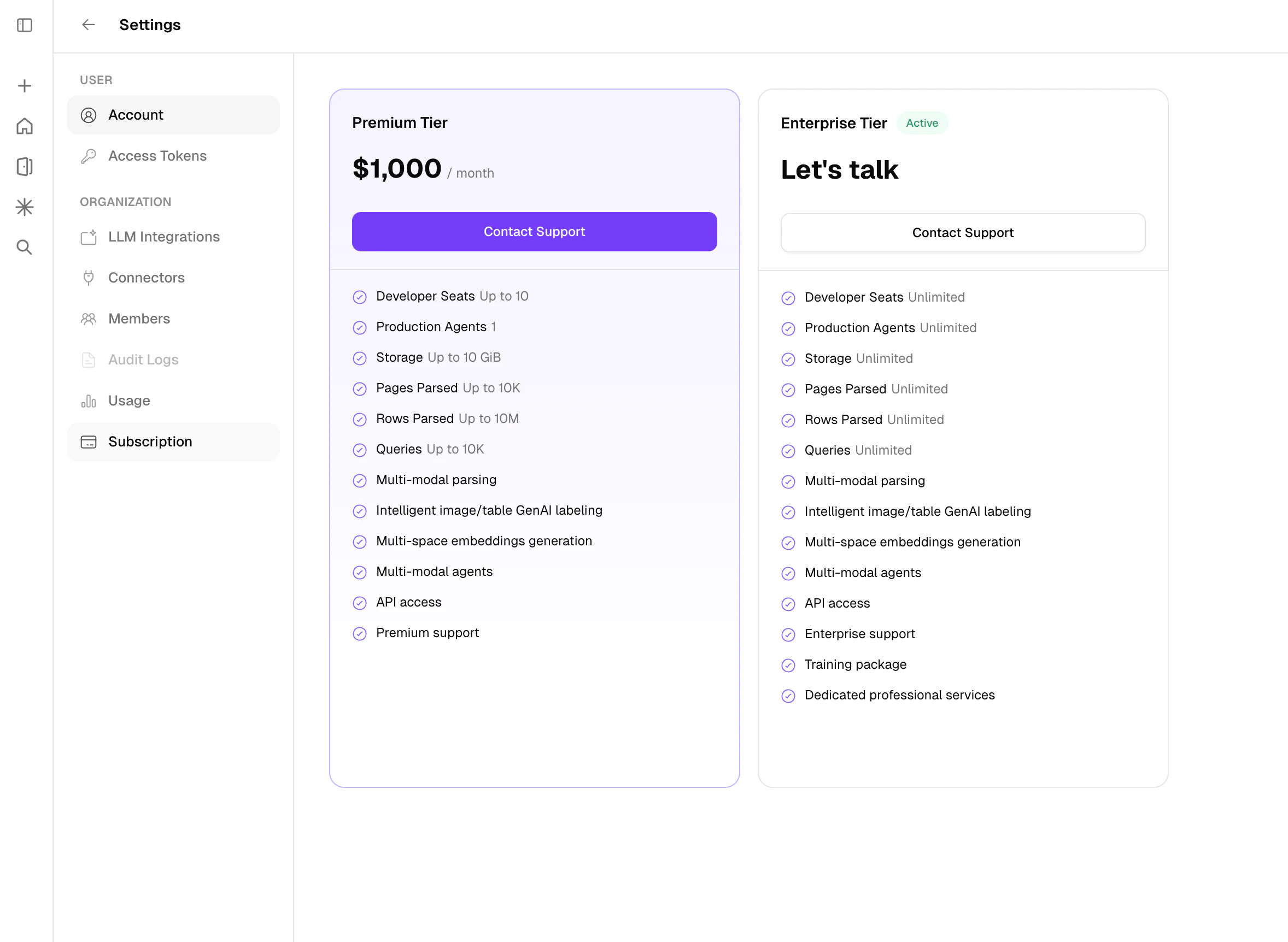 Subscription plans showing Premium and Enterprise tiers