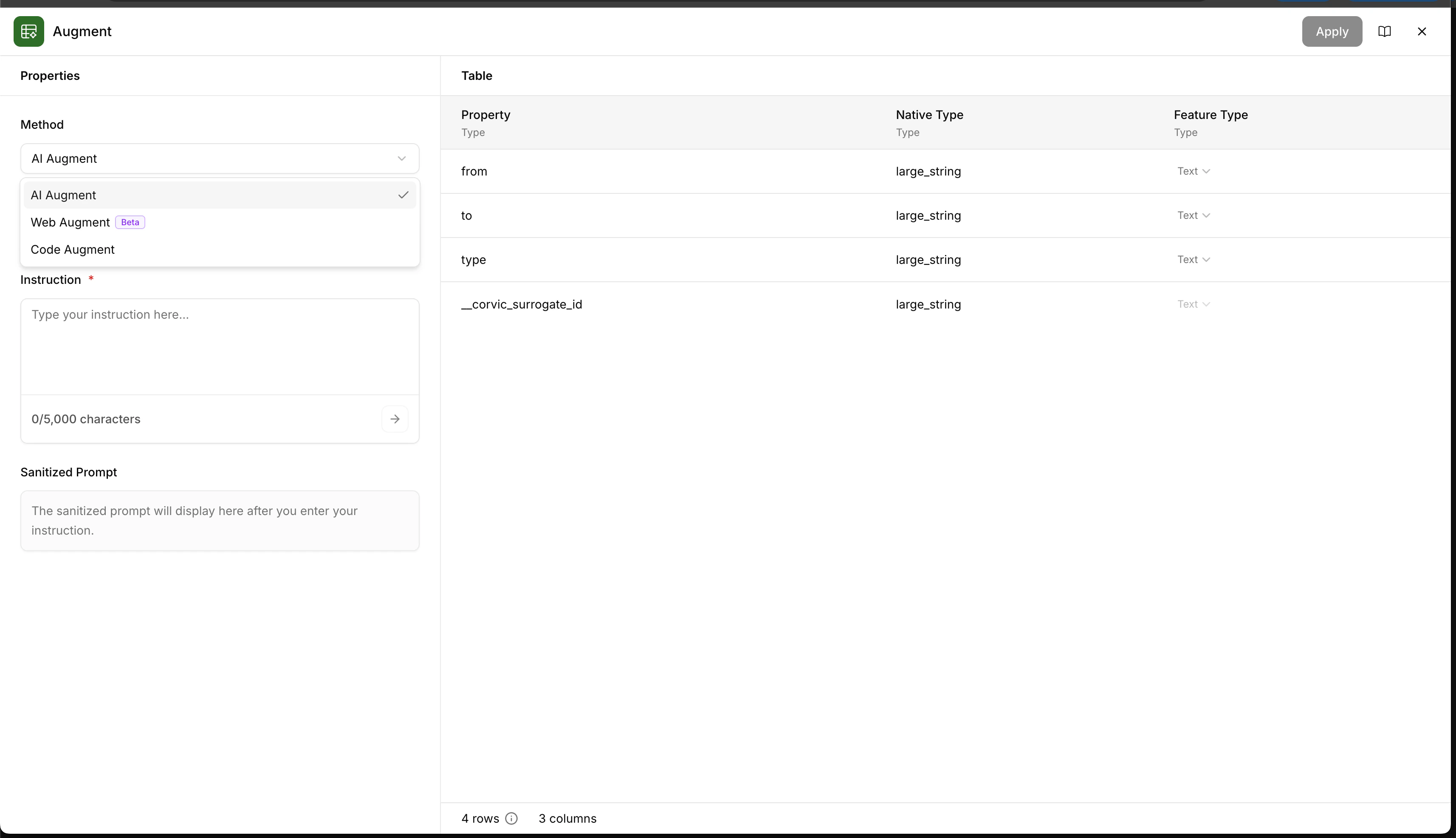 Augment method dropdown showing AI Augment, Web Augment, and Code Augment