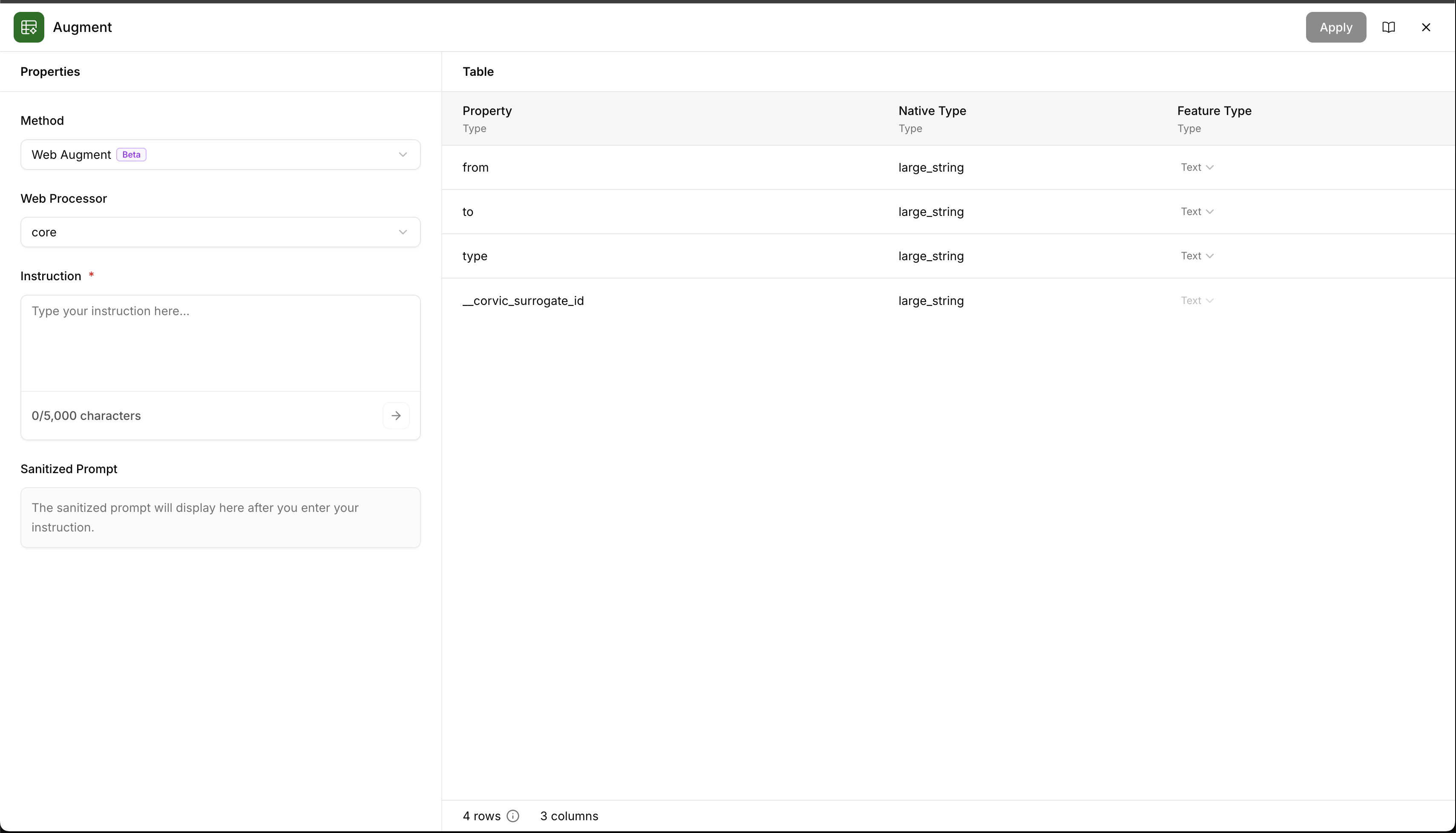 Web Augment configuration with instruction field and sanitized prompt preview