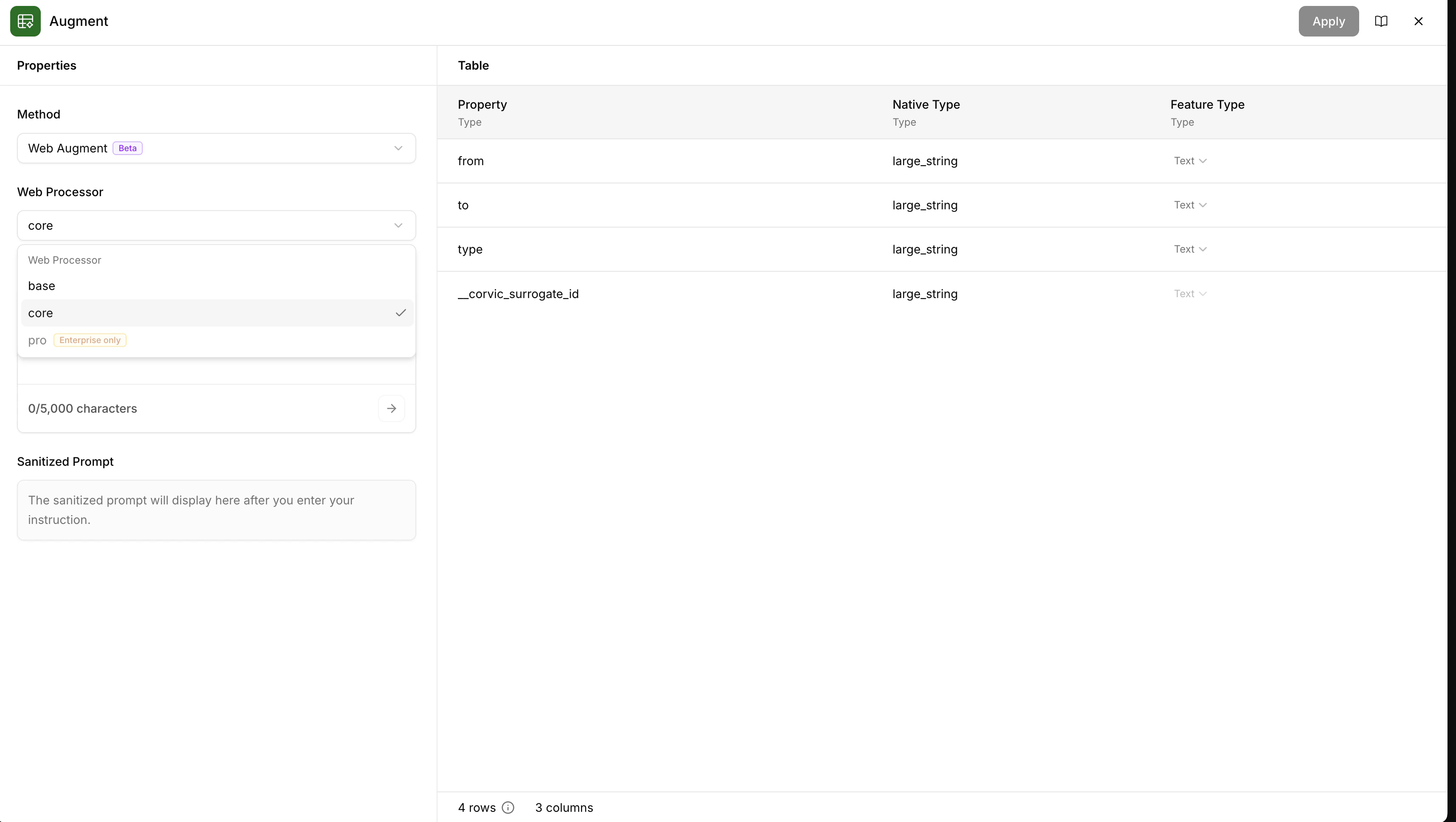 Web Augment processor selection showing base, core, and pro tiers