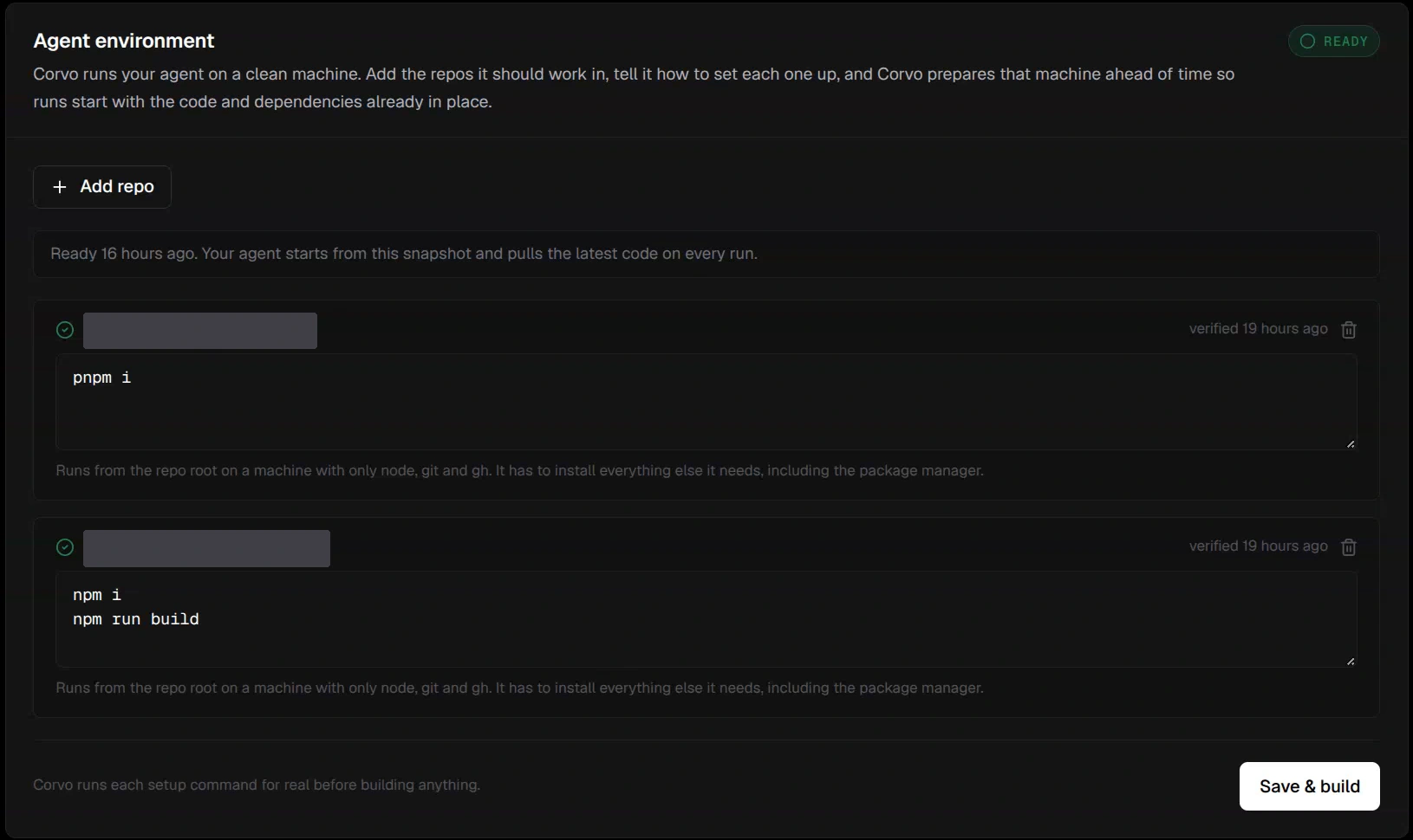 Agent environment with two repositories, setup commands, READY, and Save and build