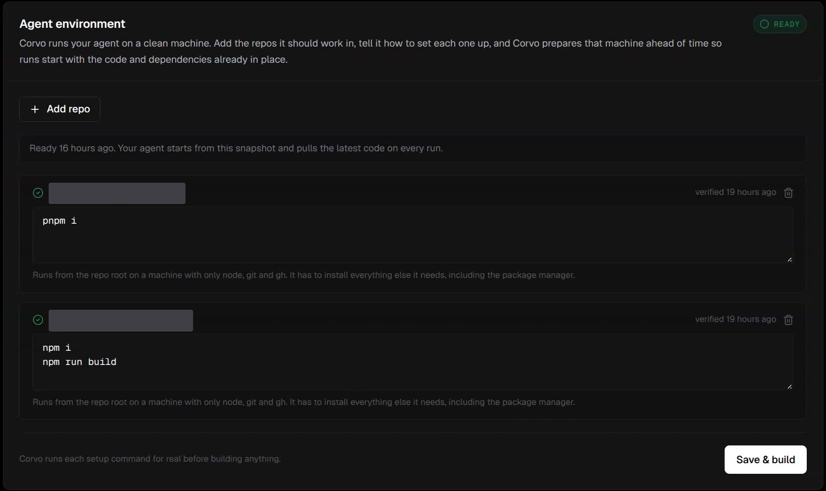 Agent environment with two repositories, setup commands, READY, and Save and build