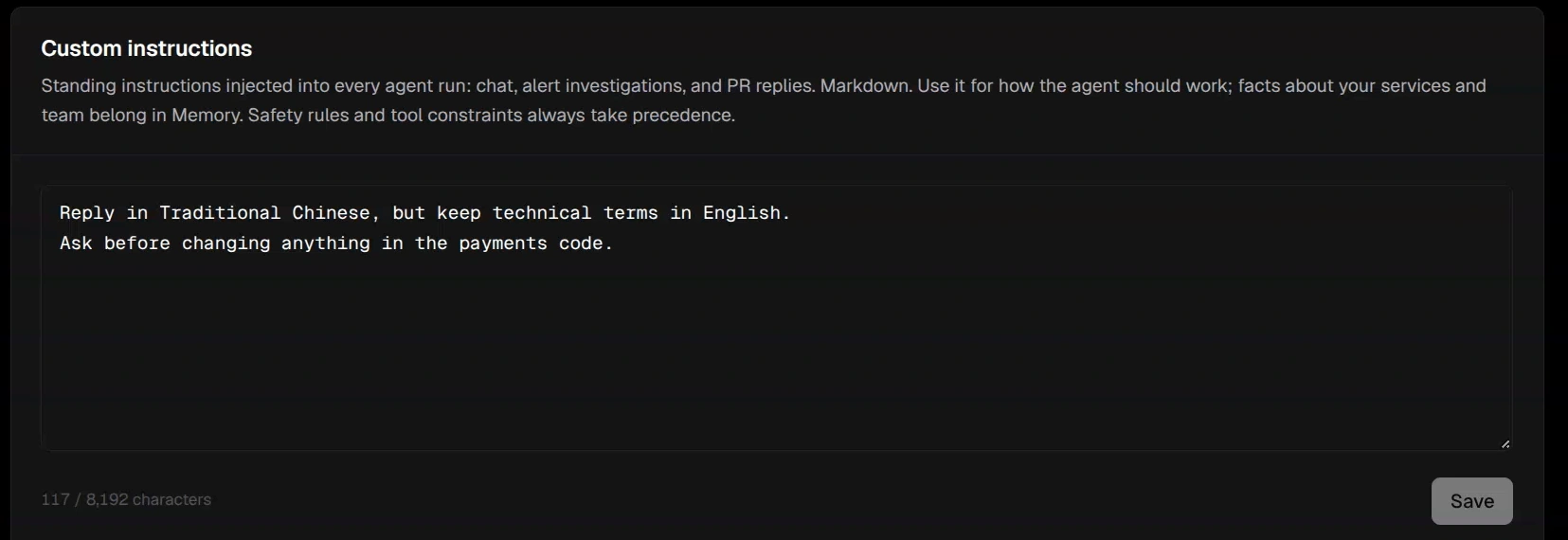 Custom instructions editor with team guidance and Save button