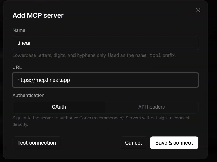 Add MCP server dialog with name, URL, and authentication options