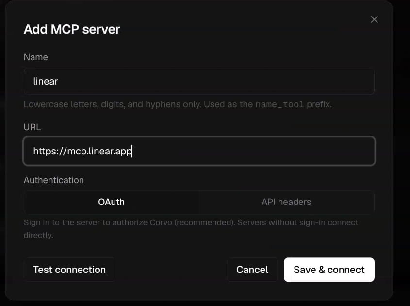 Add MCP server dialog with name, URL, and authentication options