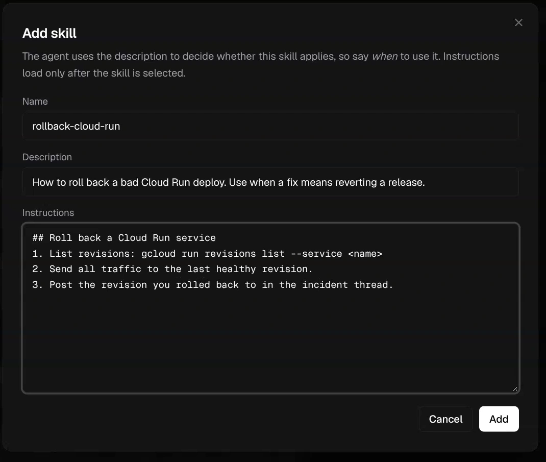 Add skill dialog with a Cloud Run rollback example