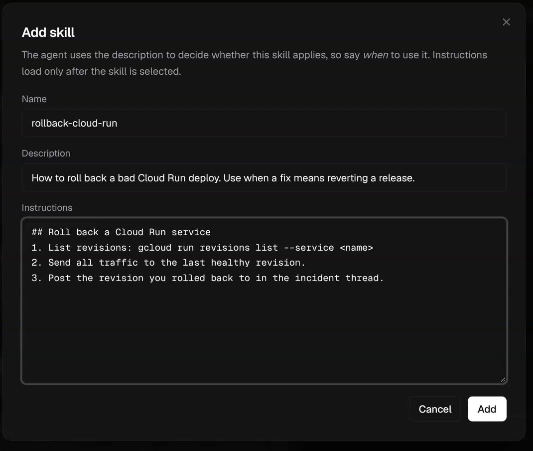 Add skill dialog with a Cloud Run rollback example