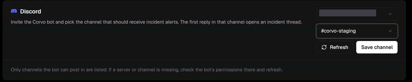 Discord server and channel selectors with Refresh and Save channel