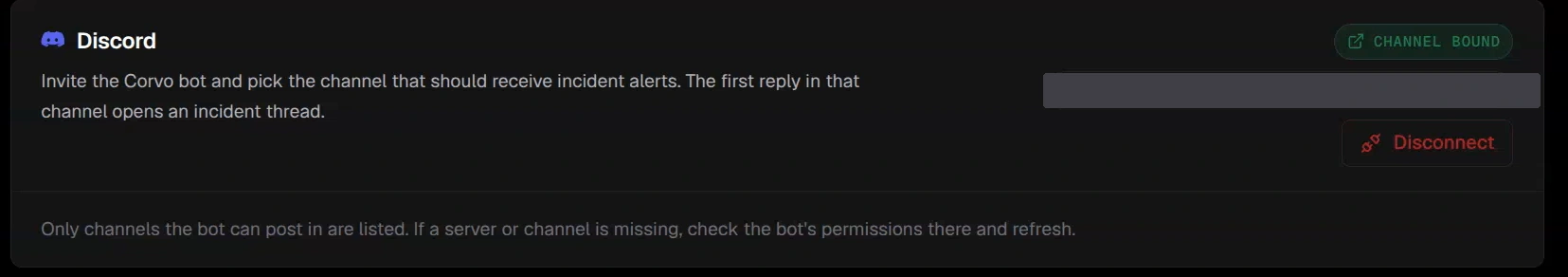 Discord integration after binding, with Channel bound and Disconnect