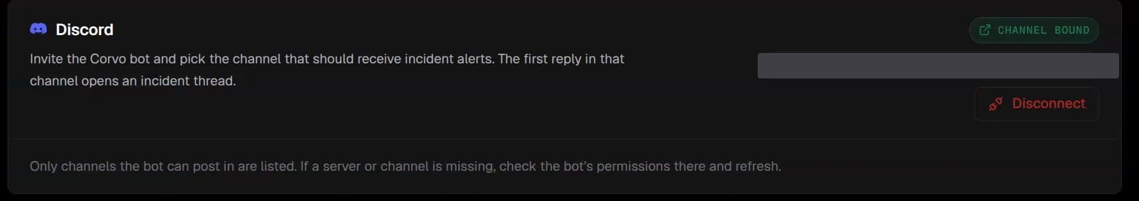 Discord integration after binding, with Channel bound and Disconnect
