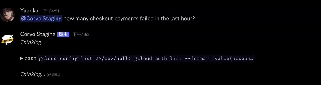 使用者在 Discord 提及 Corvo 詢問結帳失敗次數,Bot 開始處理