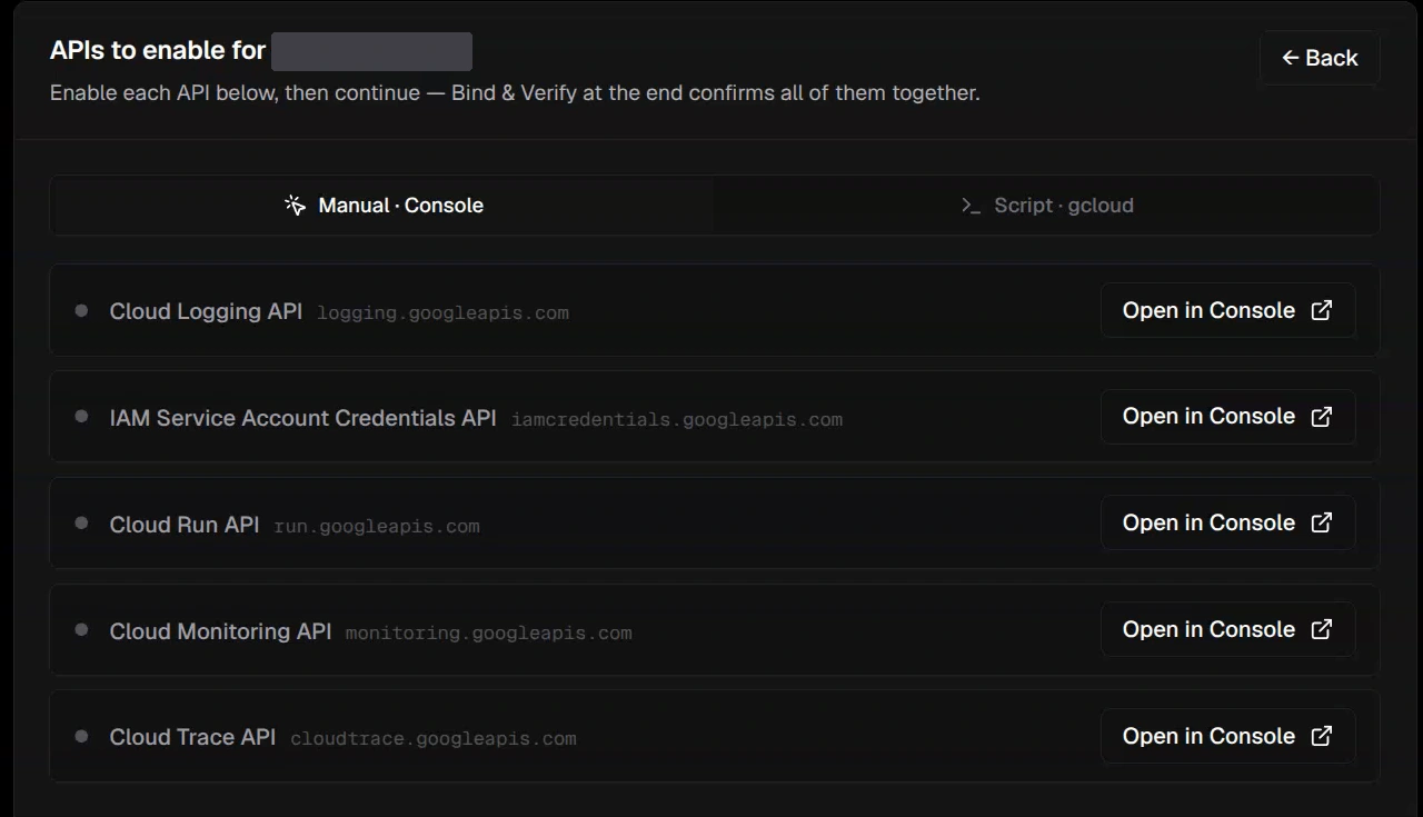 Enable APIs step with console links for Logging, IAM Credentials, Run, Monitoring, and Trace