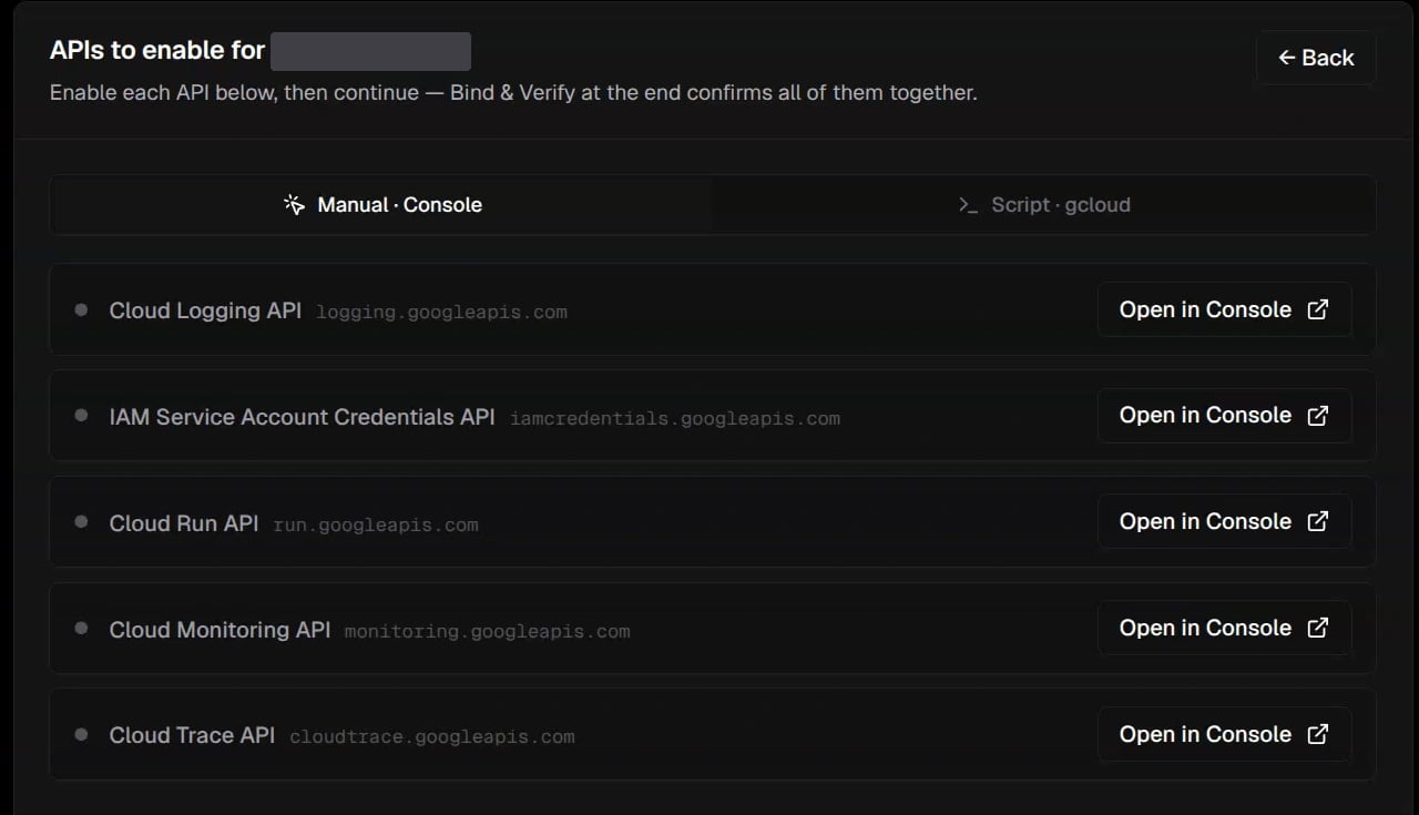 Enable APIs step with console links for Logging, IAM Credentials, Run, Monitoring, and Trace