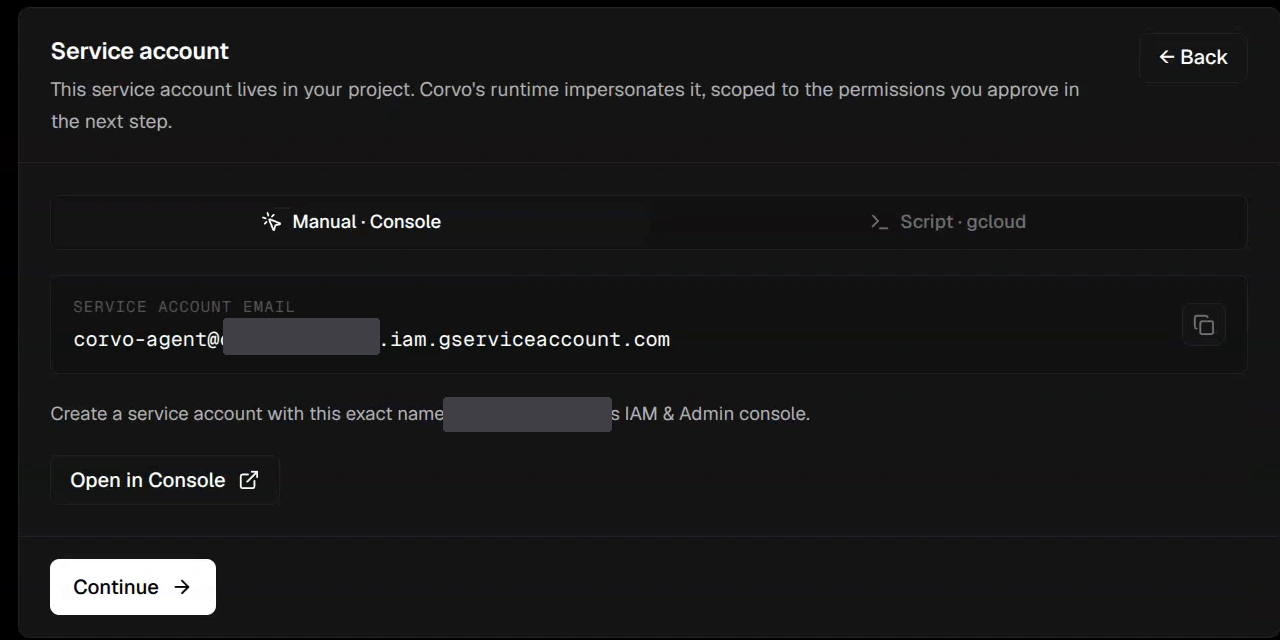 Service account step with the account ID, email, and create account link