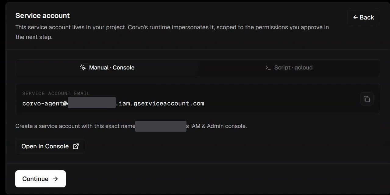 Service account step with the account ID, email, and create account link