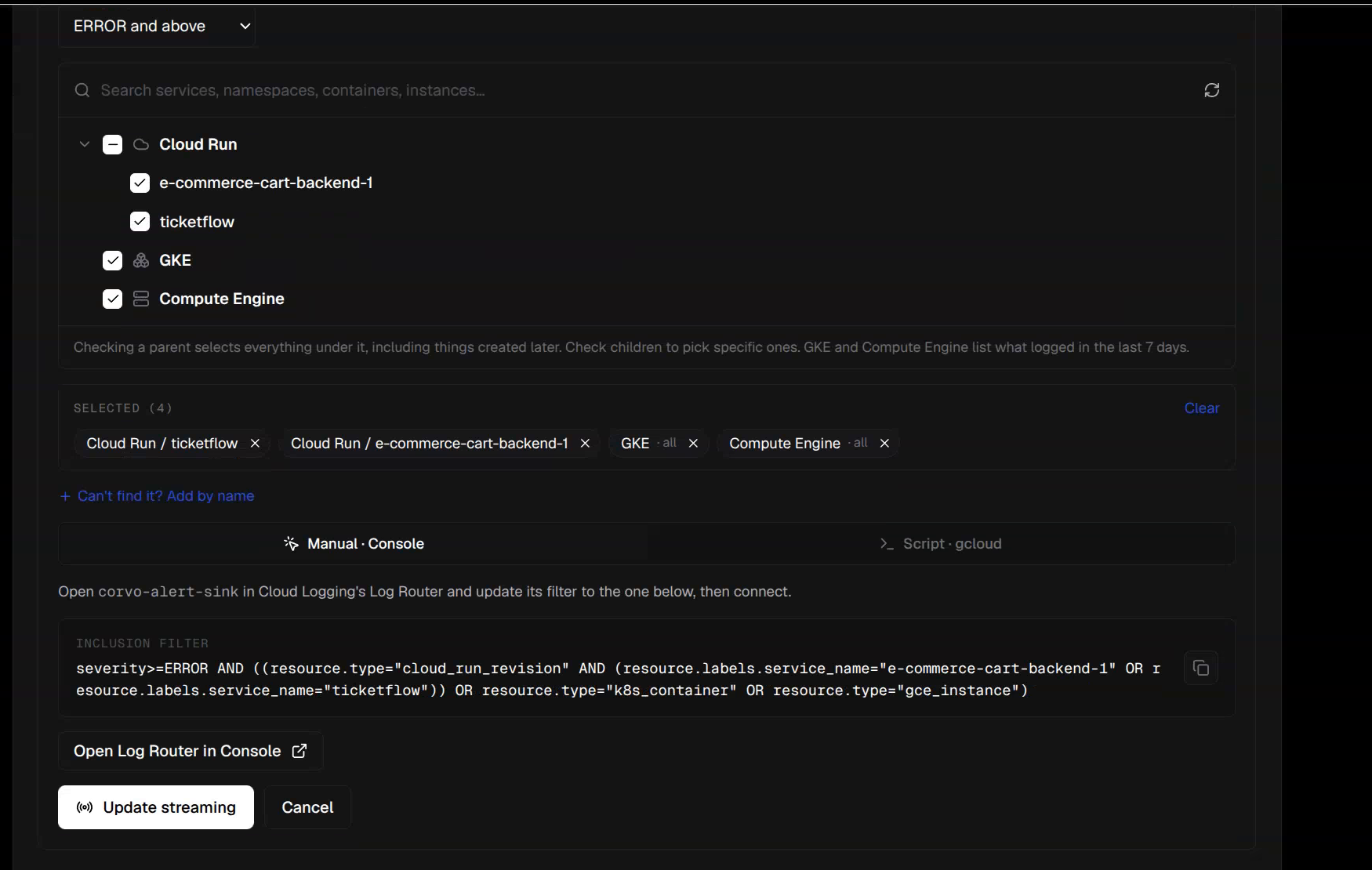 Source picker showing Cloud Run, GKE, Compute Engine, and the resulting filter