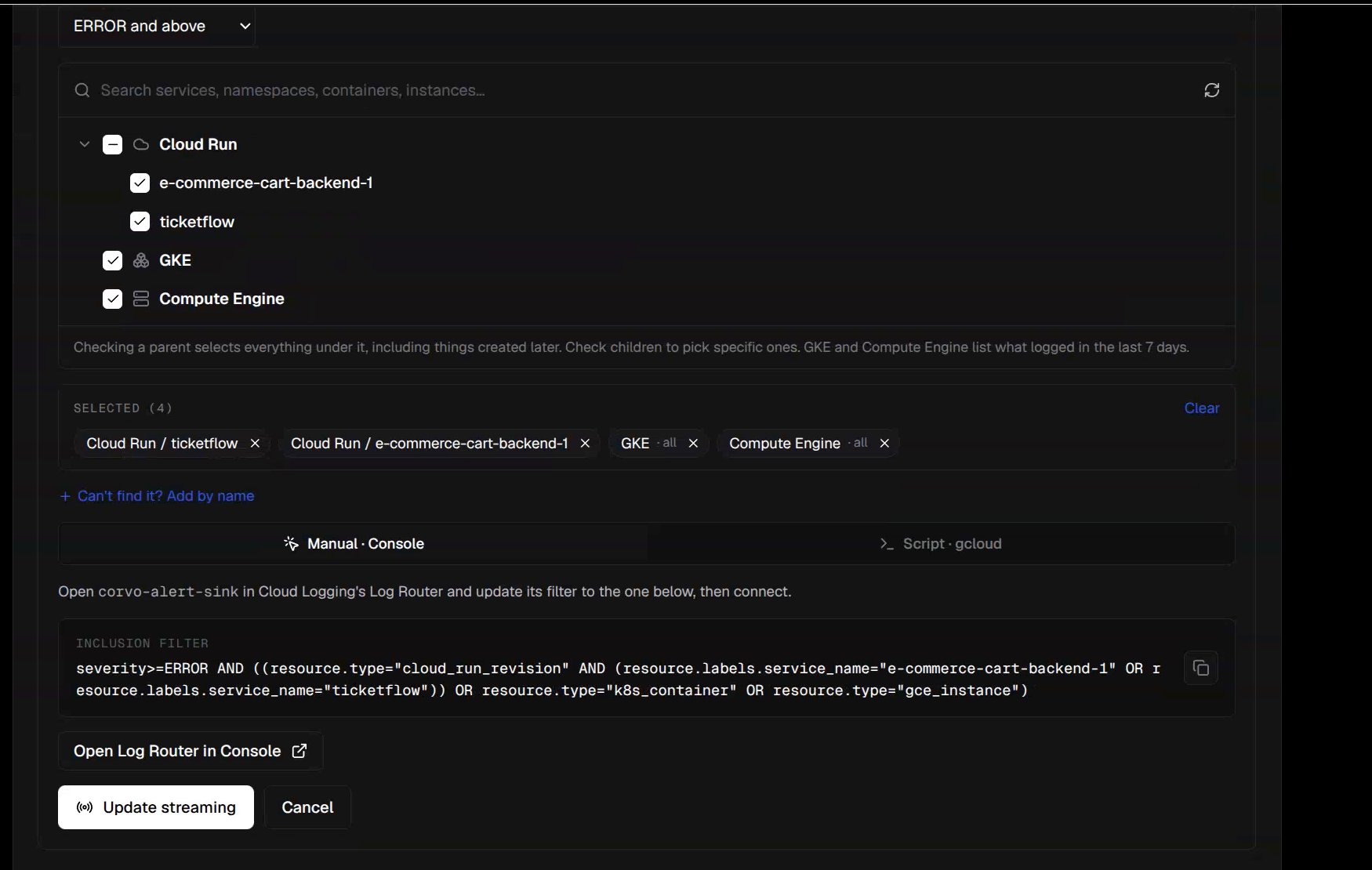 Source picker showing Cloud Run, GKE, Compute Engine, and the resulting filter