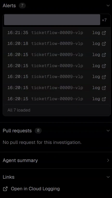 Seven alert entries grouped under one investigation