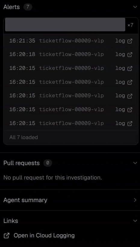 Seven alert entries grouped under one investigation