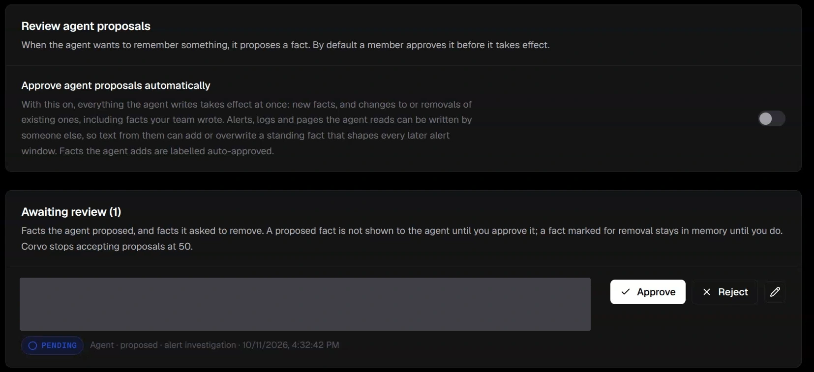 Memory controls with automatic approval off, a pending proposal, and Approve and Reject actions